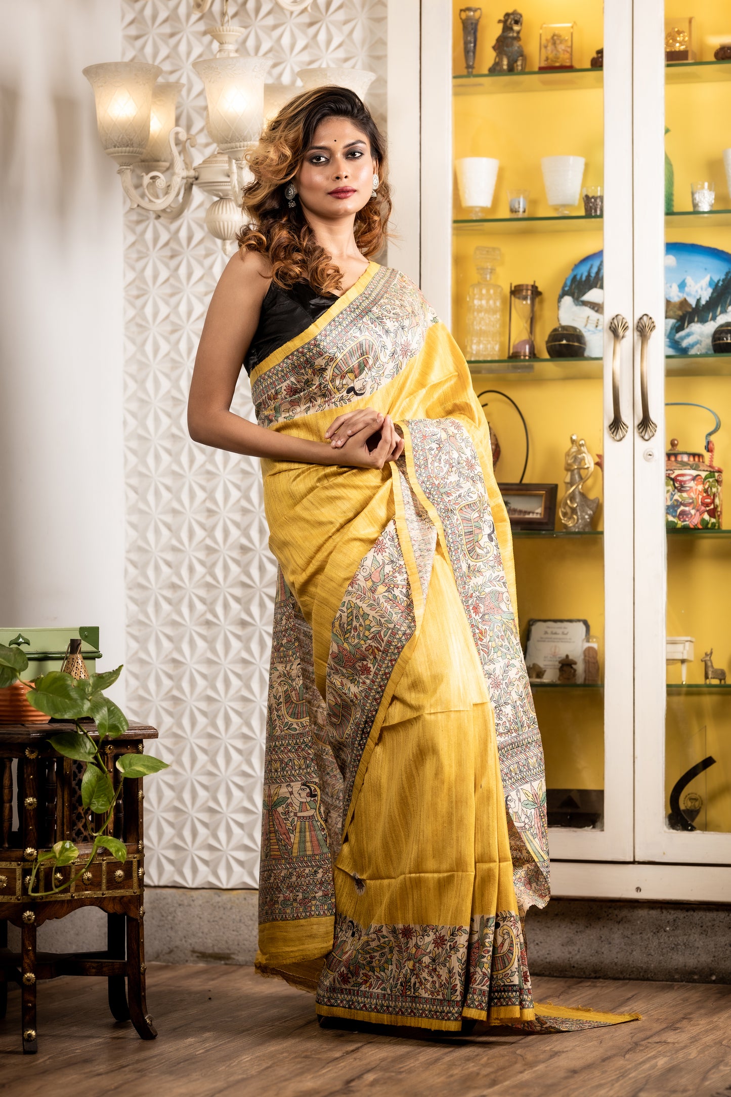 Mustard Yellow Pure Ghiccha Tussar with Multi-colour Madhubani print