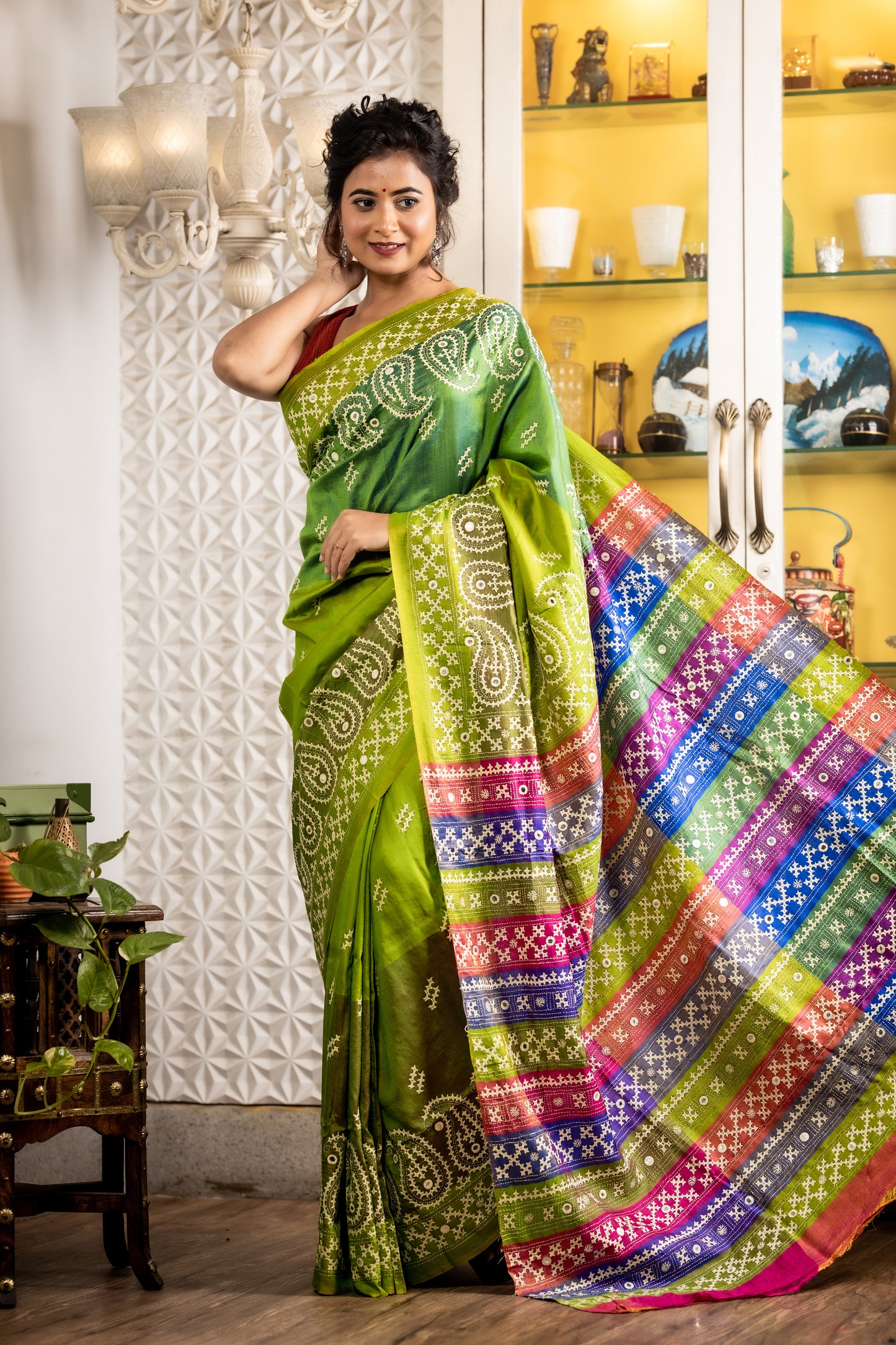 Green multi-shade block Pure Silk with 3D Kantha Gujarati Mirror work (Handloom)