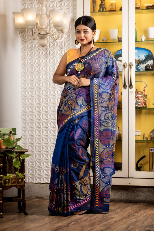 Royal Blue Bangalore Silk with all over multi-colour abstract Kantha embroidery (Handloom)