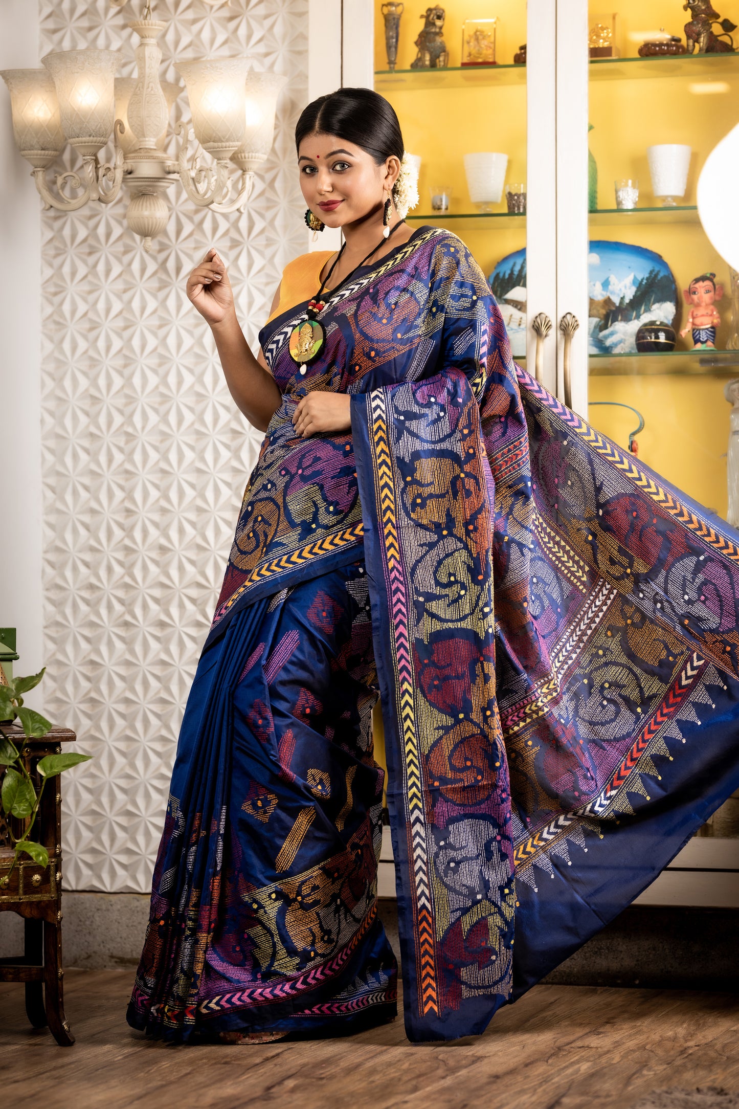 Royal Blue Bangalore Silk with all over multi-colour abstract Kantha embroidery (Handloom)