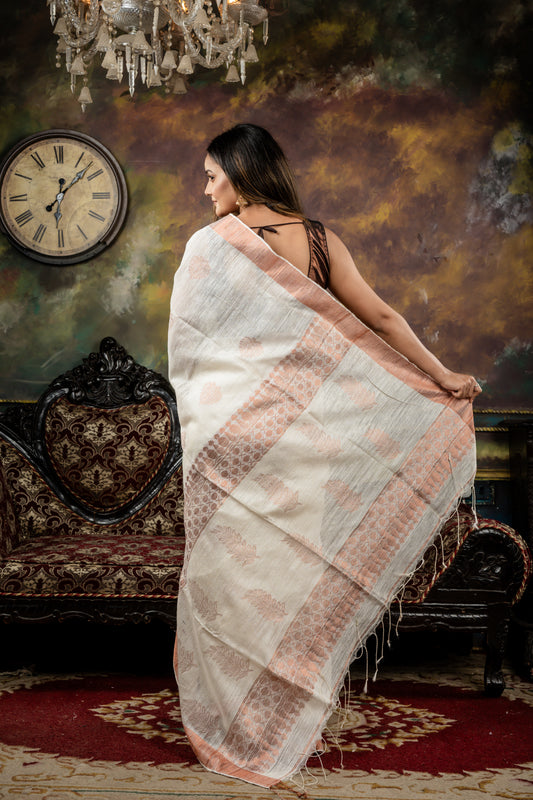 Off-white Pure Matka with all over Copper Leaf Motif and Copper Border