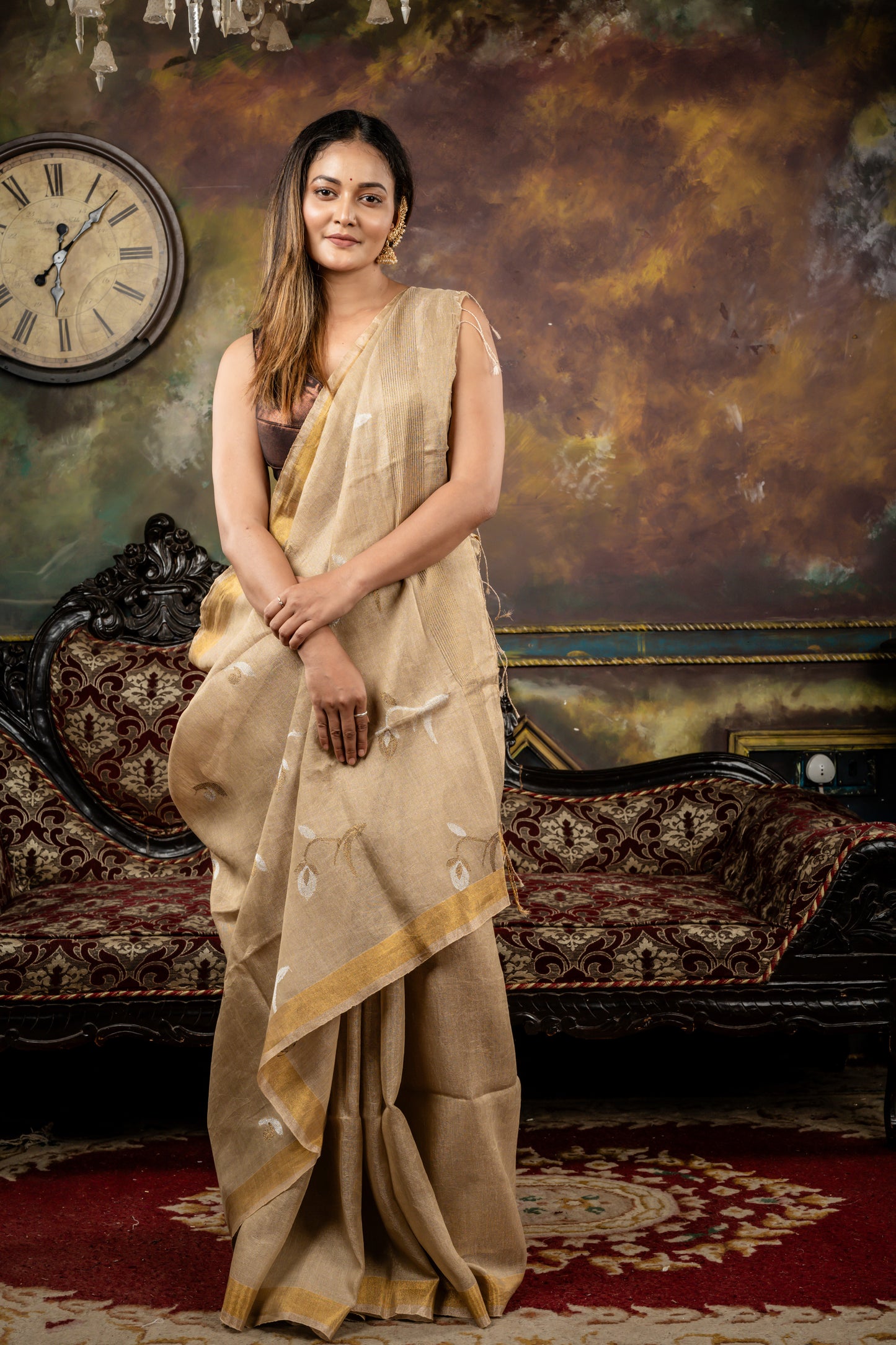 Beige and Gold Dual Tone Linen with All Over Metallic Flower Bud Motif and Zari Border