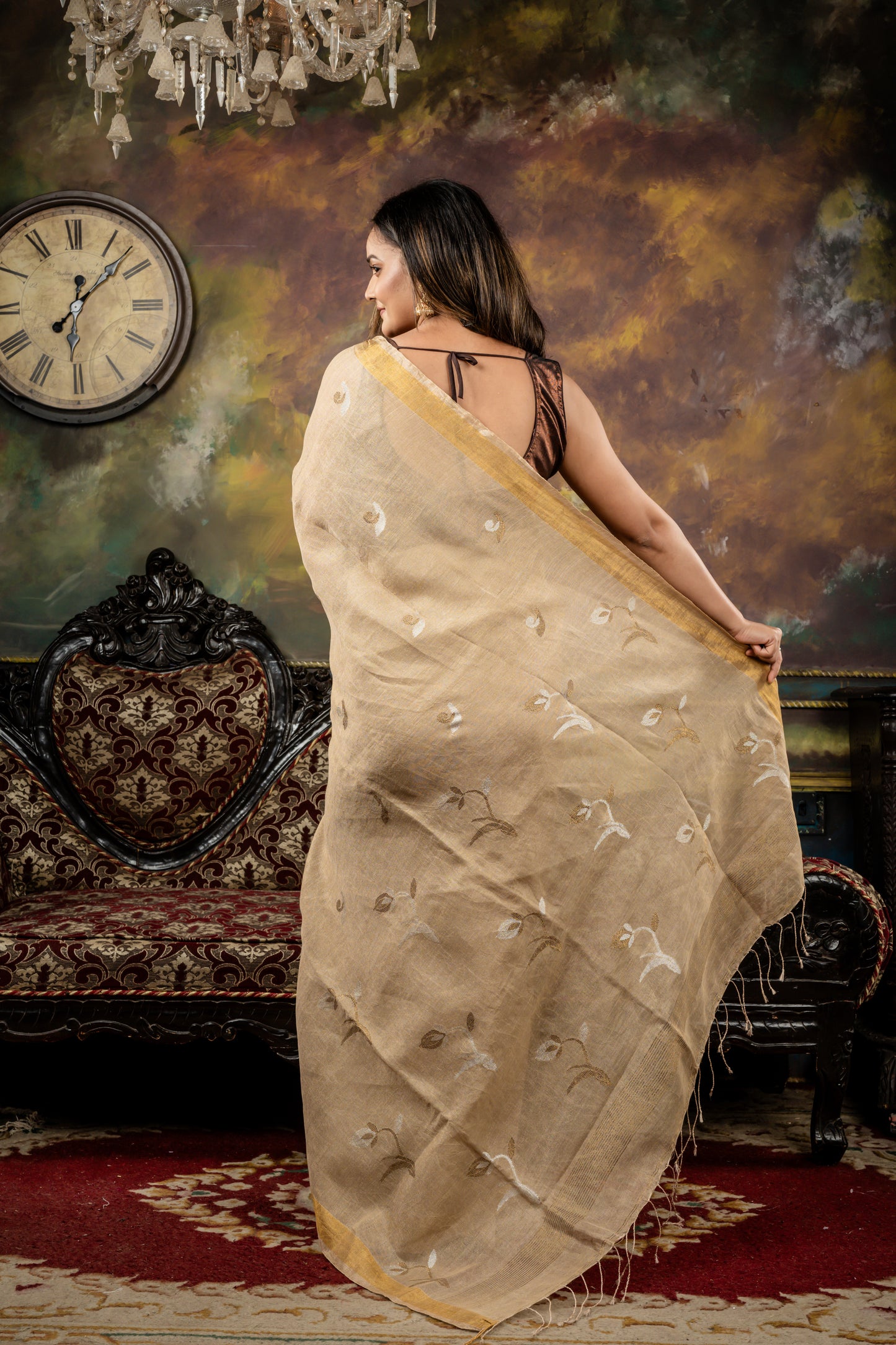 Beige and Gold Dual Tone Linen with All Over Metallic Flower Bud Motif and Zari Border