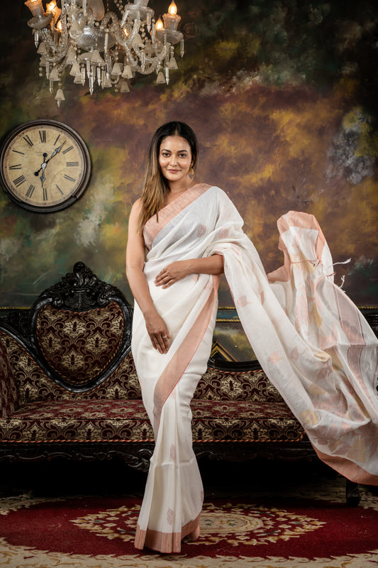 White Organic Linen with all over Copper Buti and Gold-Silver-Copper Floral Motif Pallu