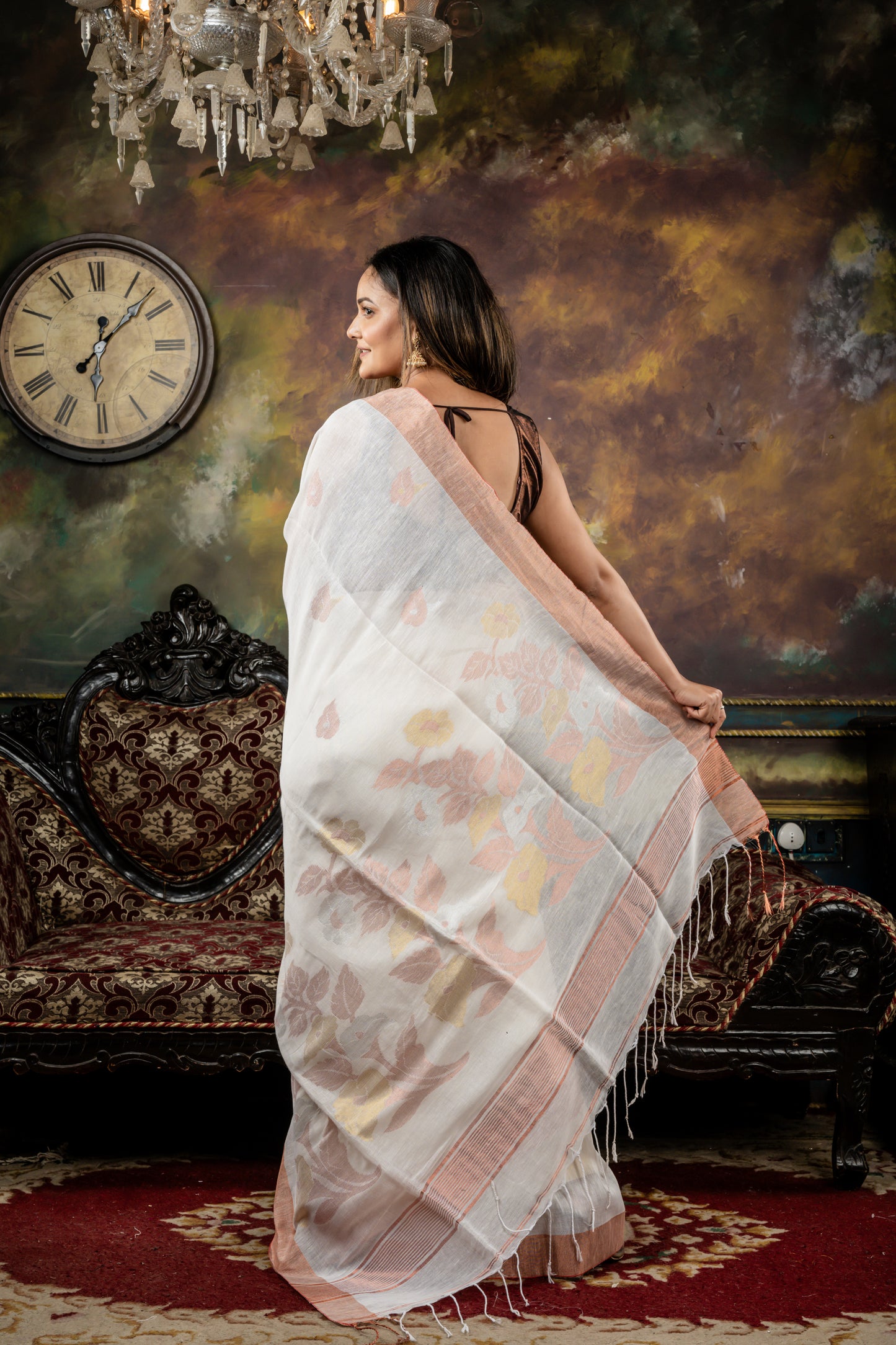 White Organic Linen with all over Copper Buti and Gold-Silver-Copper Floral Motif Pallu