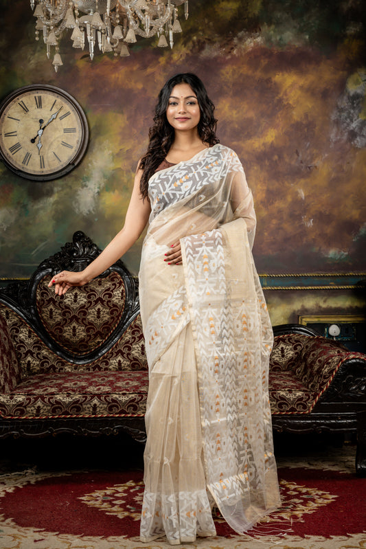 Gold Beige dual tone Tissue Muslin with White & Copper Dhakai Buti, Border and Pallu