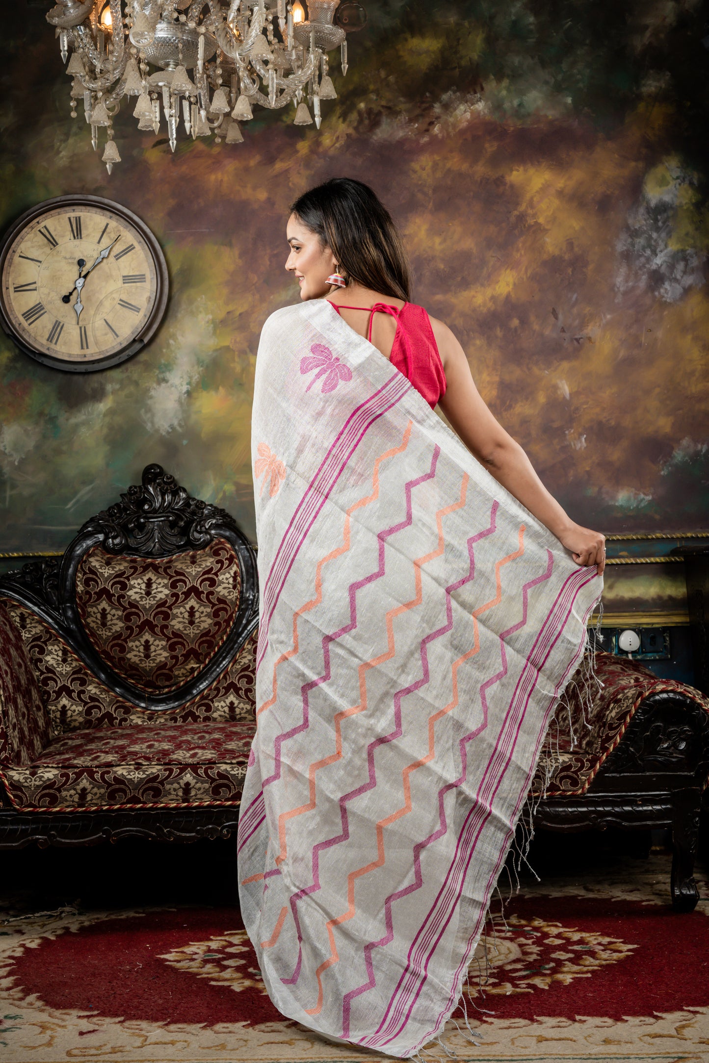 Metallic Silver Linen with Magenta & Orange Dragonfly Motif and Zigzag Stripe Pallu