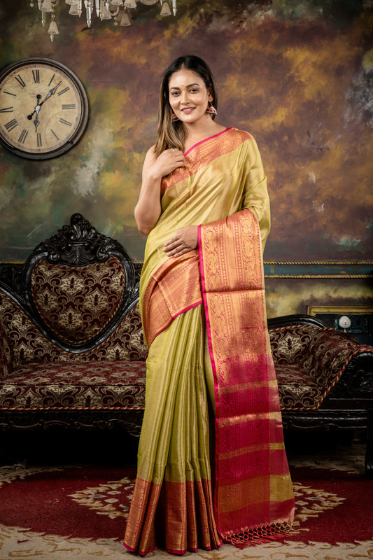 Light Pista Green and Gold dual tone Tissue with Kanchipuram design 'Mahapadh' Border and Pallu