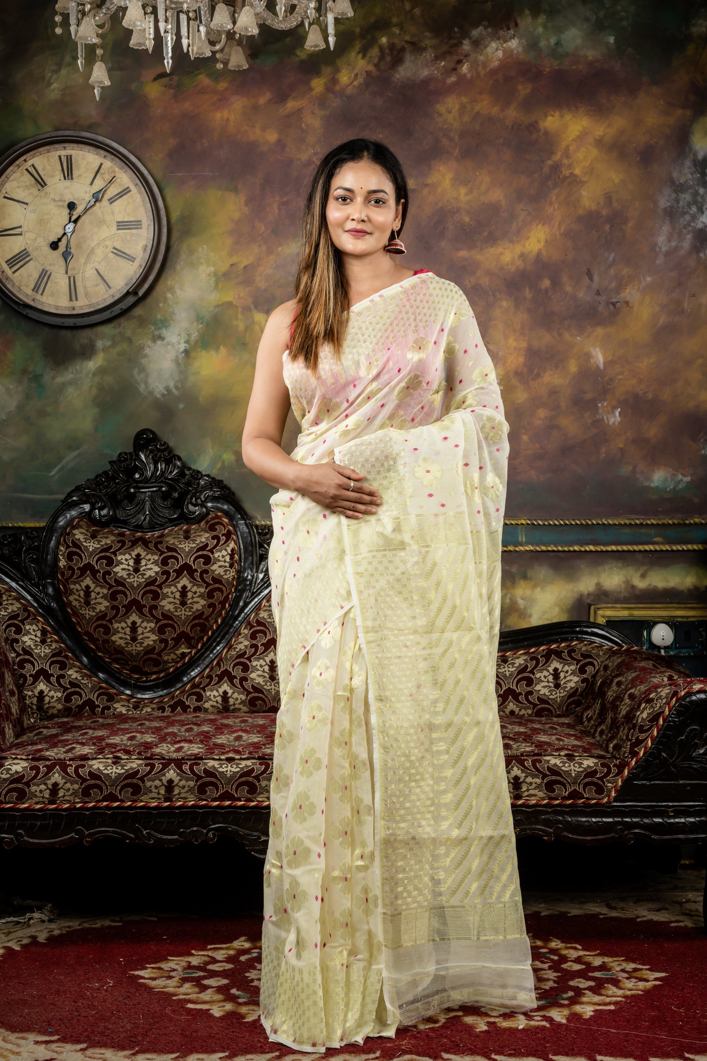 Pearl White Resham Cotton with Floral Zari Jamdani and Magenta Pink Dhakai Buti Highlights