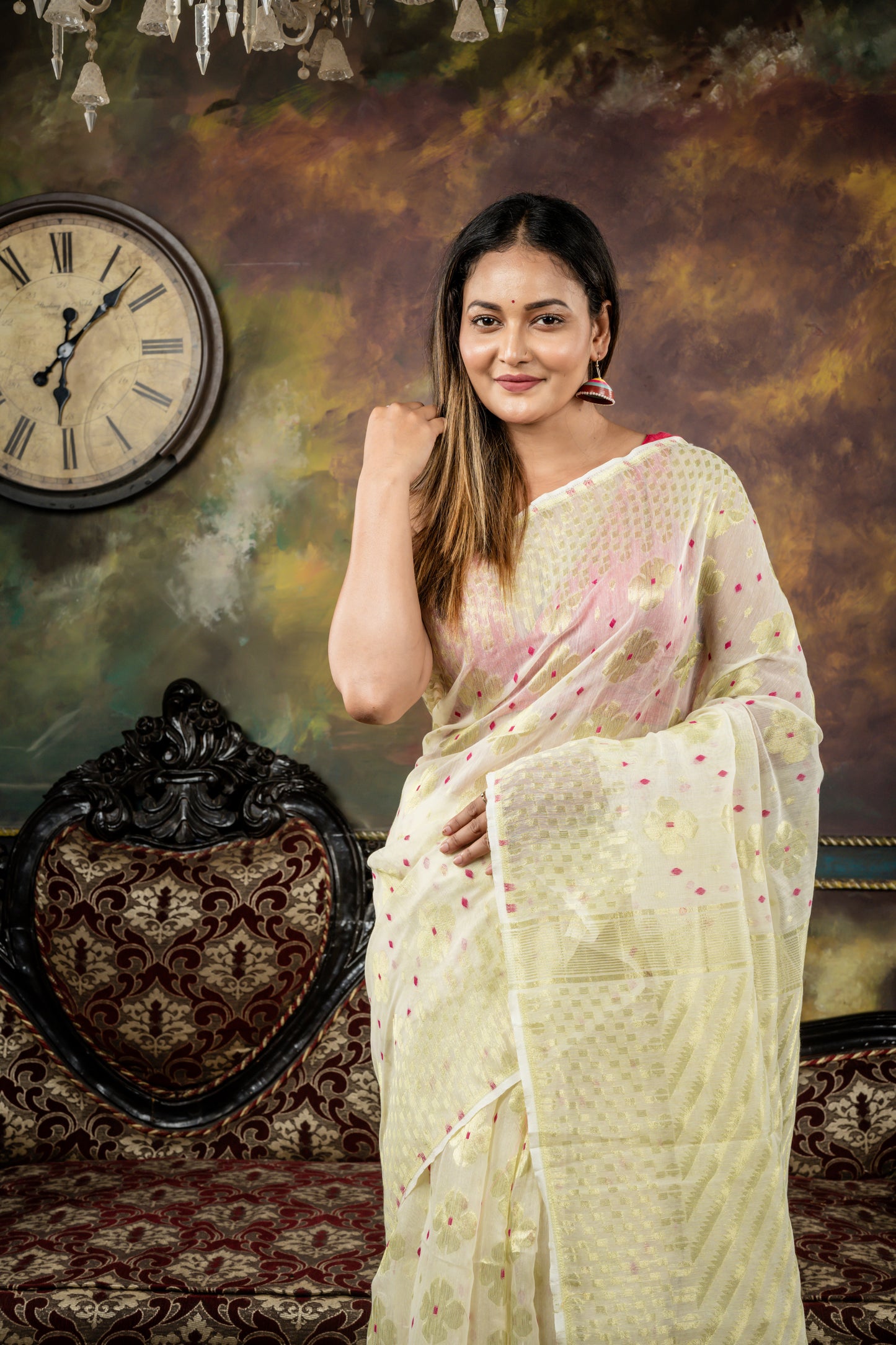 Pearl White Resham Cotton with Floral Zari Jamdani and Magenta Pink Dhakai Buti Highlights