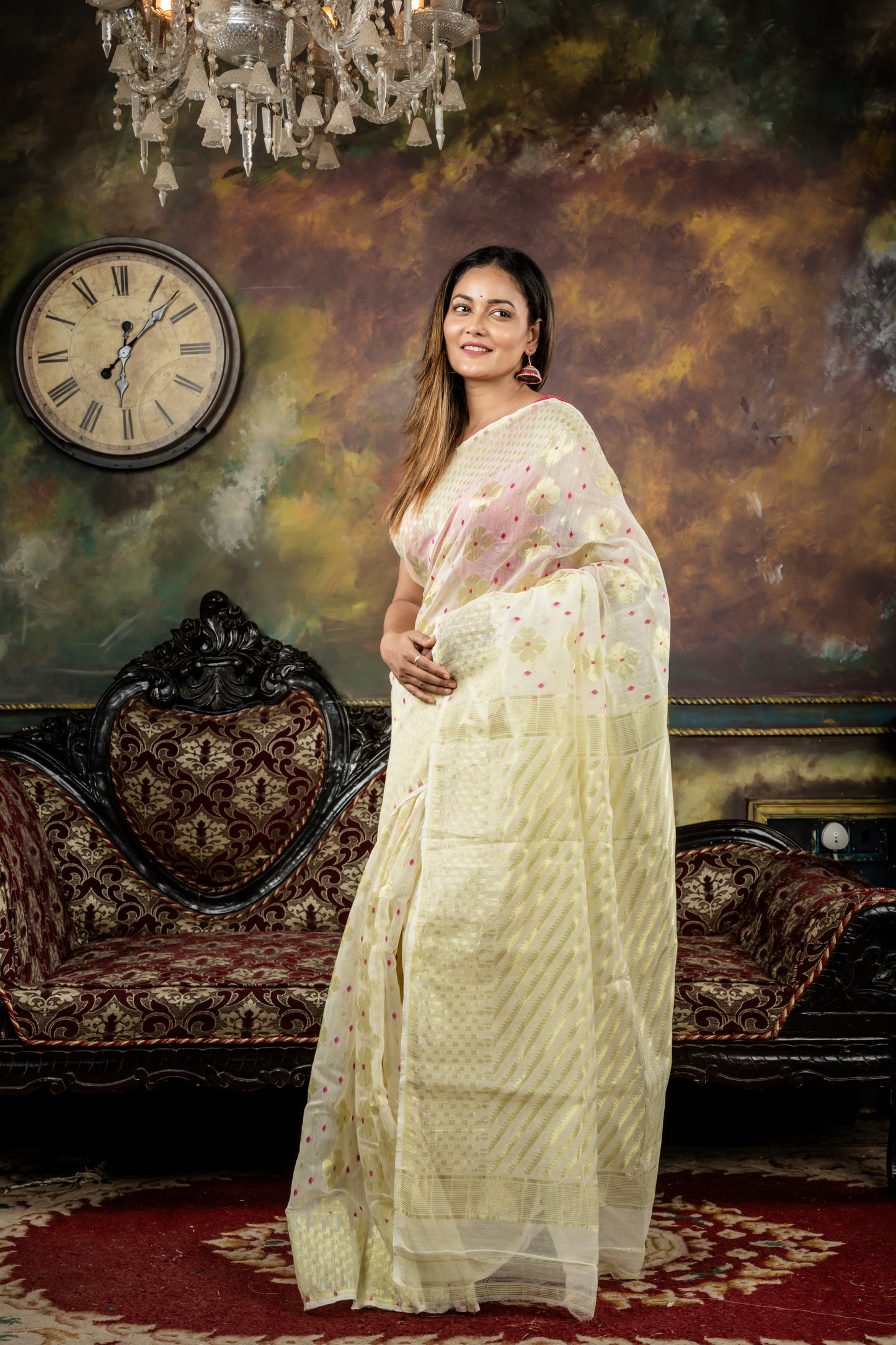 Pearl White Resham Cotton with Floral Zari Jamdani and Magenta Pink Dhakai Buti Highlights