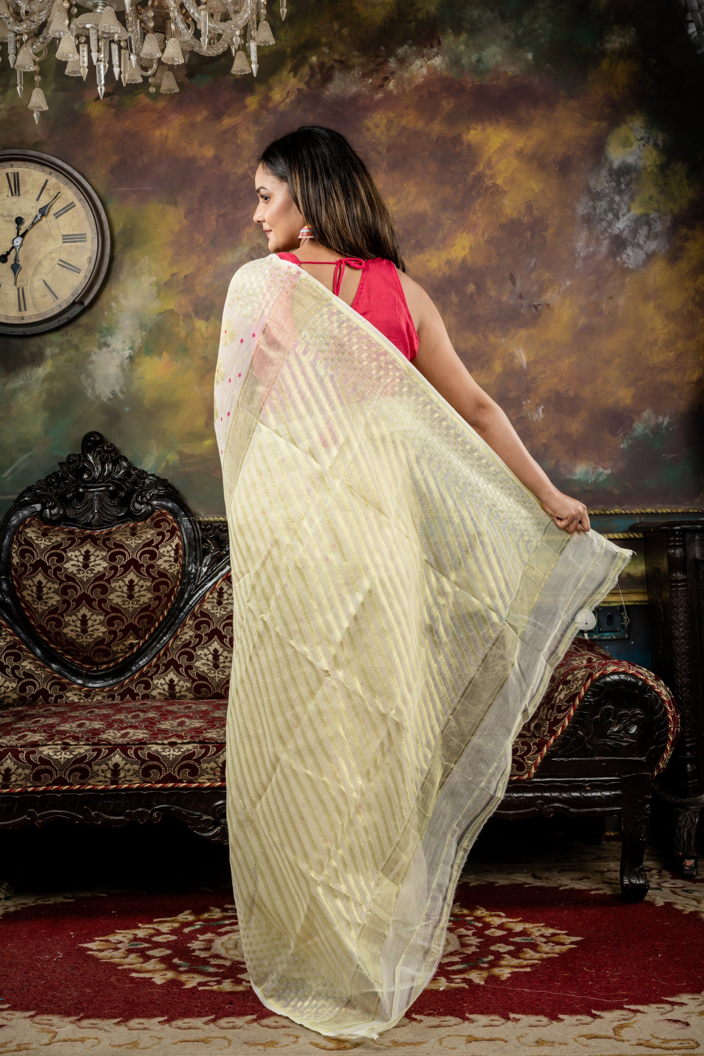 Pearl White Resham Cotton with Floral Zari Jamdani and Magenta Pink Dhakai Buti Highlights