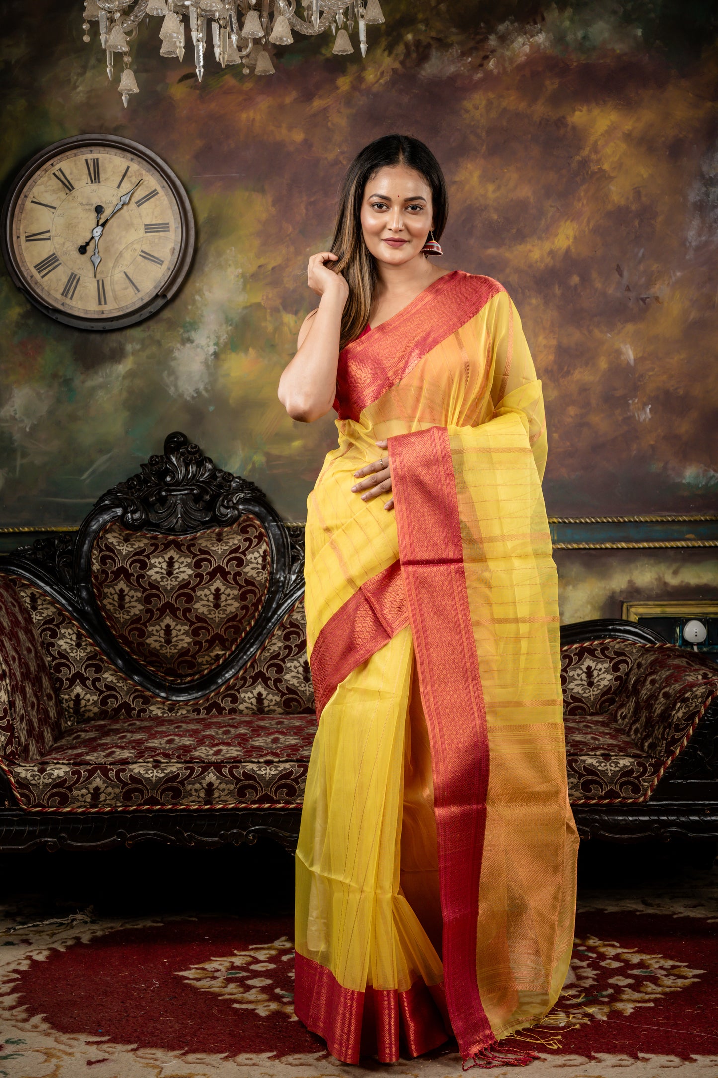 Yellow with Copper Zari Muslin and Magenta Pink Border