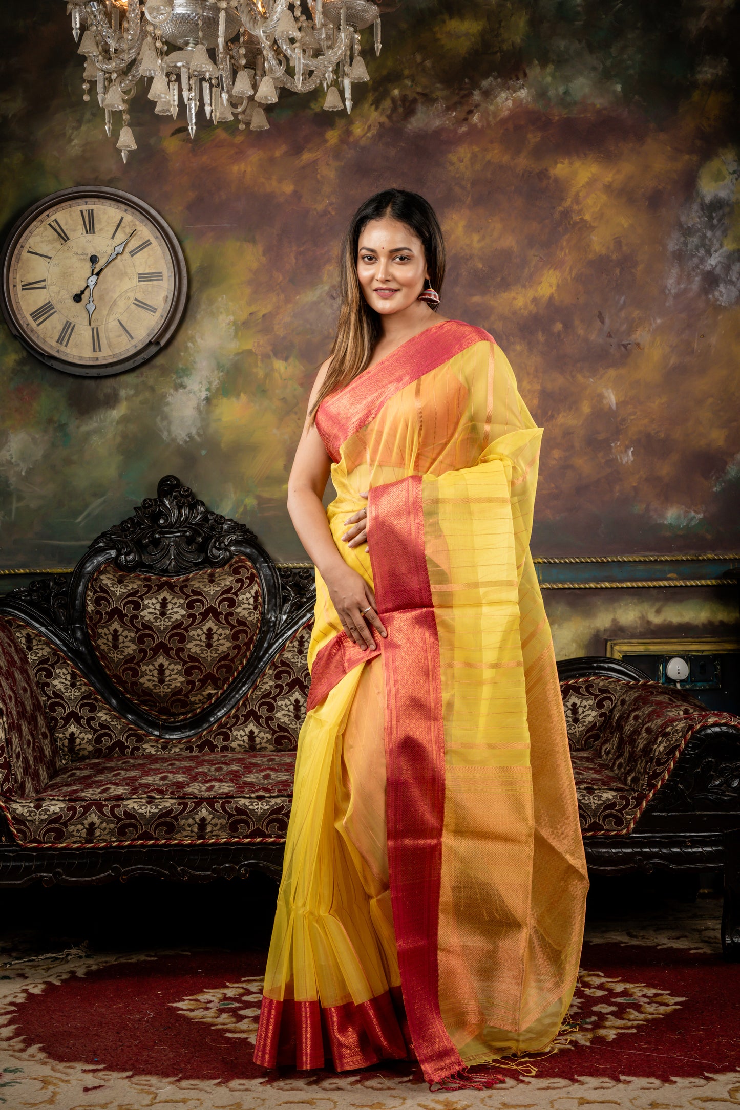 Yellow with Copper Zari Muslin and Magenta Pink Border