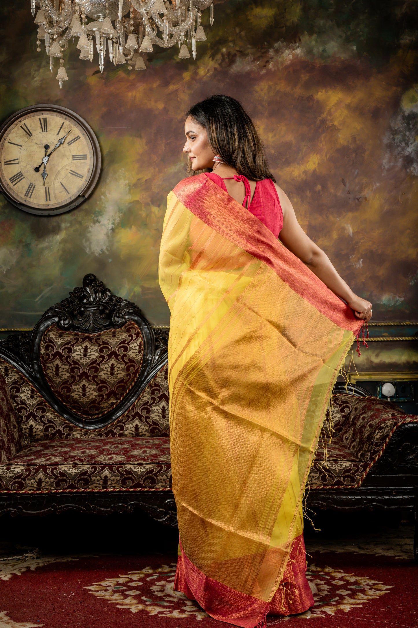 Yellow with Copper Zari Muslin and Magenta Pink Border