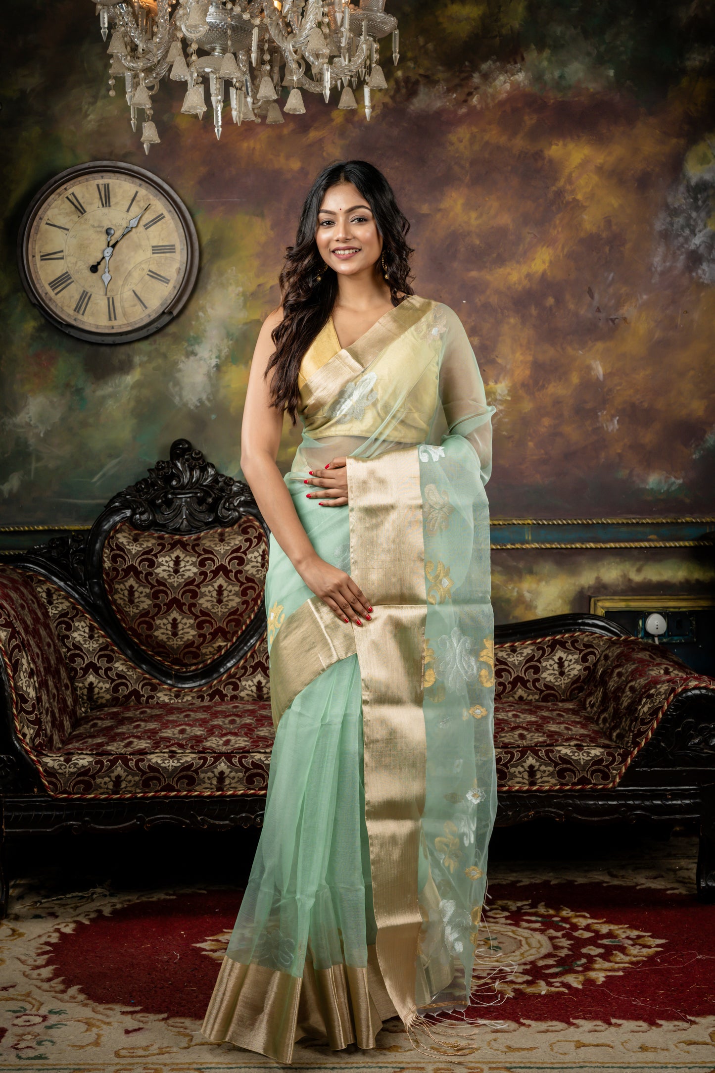 Sea Green Muslin with Gold 'Mahapadh' border and Gold-Silver Buti & Floral Motif Pallu