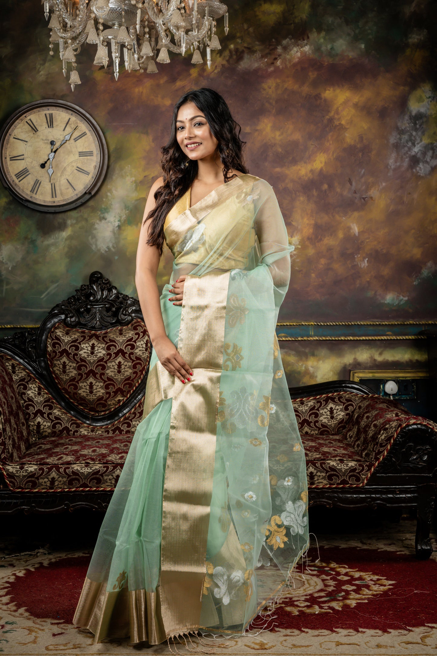 Sea Green Muslin with Gold 'Mahapadh' border and Gold-Silver Buti & Floral Motif Pallu