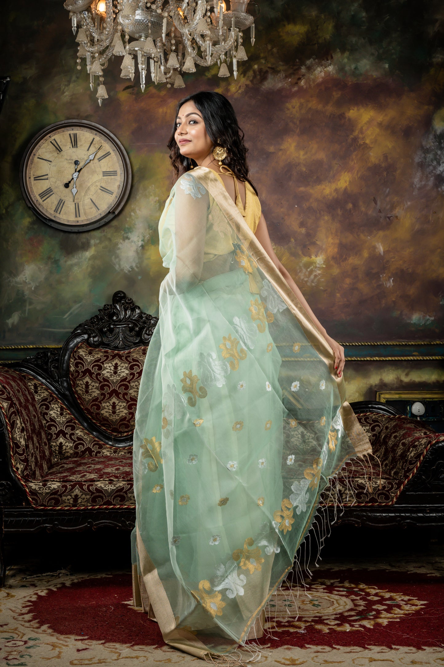 Sea Green Muslin with Gold 'Mahapadh' border and Gold-Silver Buti & Floral Motif Pallu