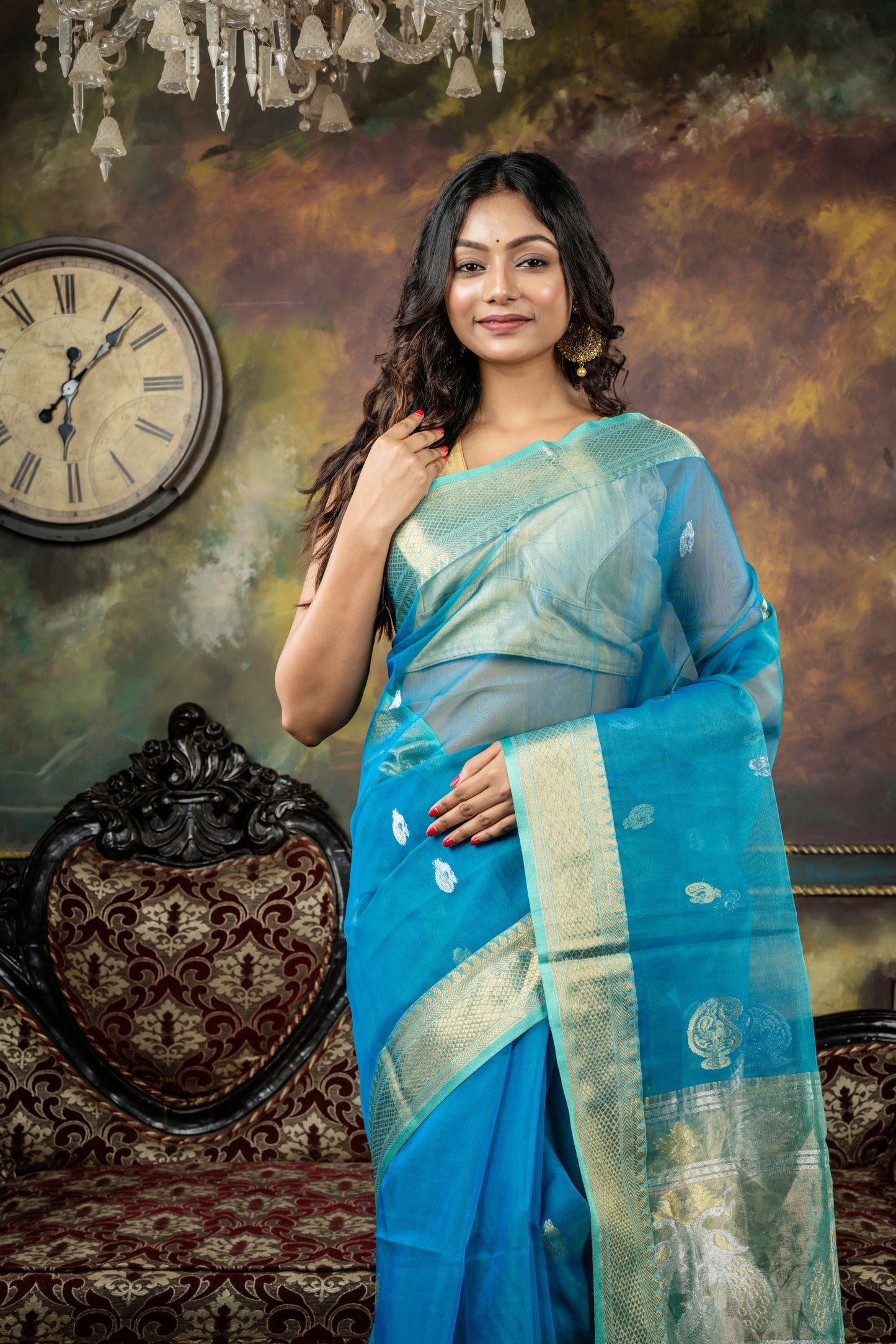 Dark Teal Blue Muslin with Sona Rupa Paithani style Peacock Motif