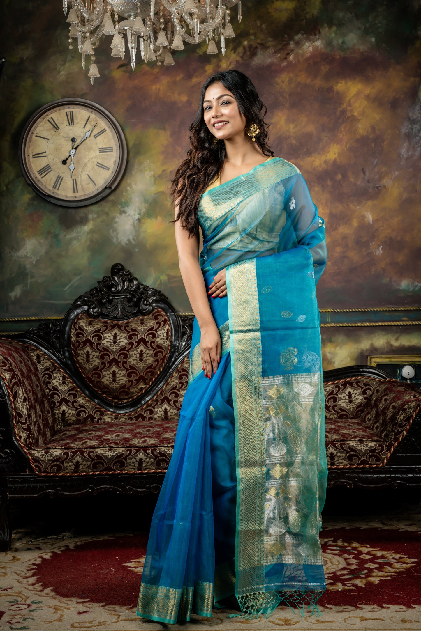 Dark Teal Blue Muslin with Sona Rupa Paithani style Peacock Motif