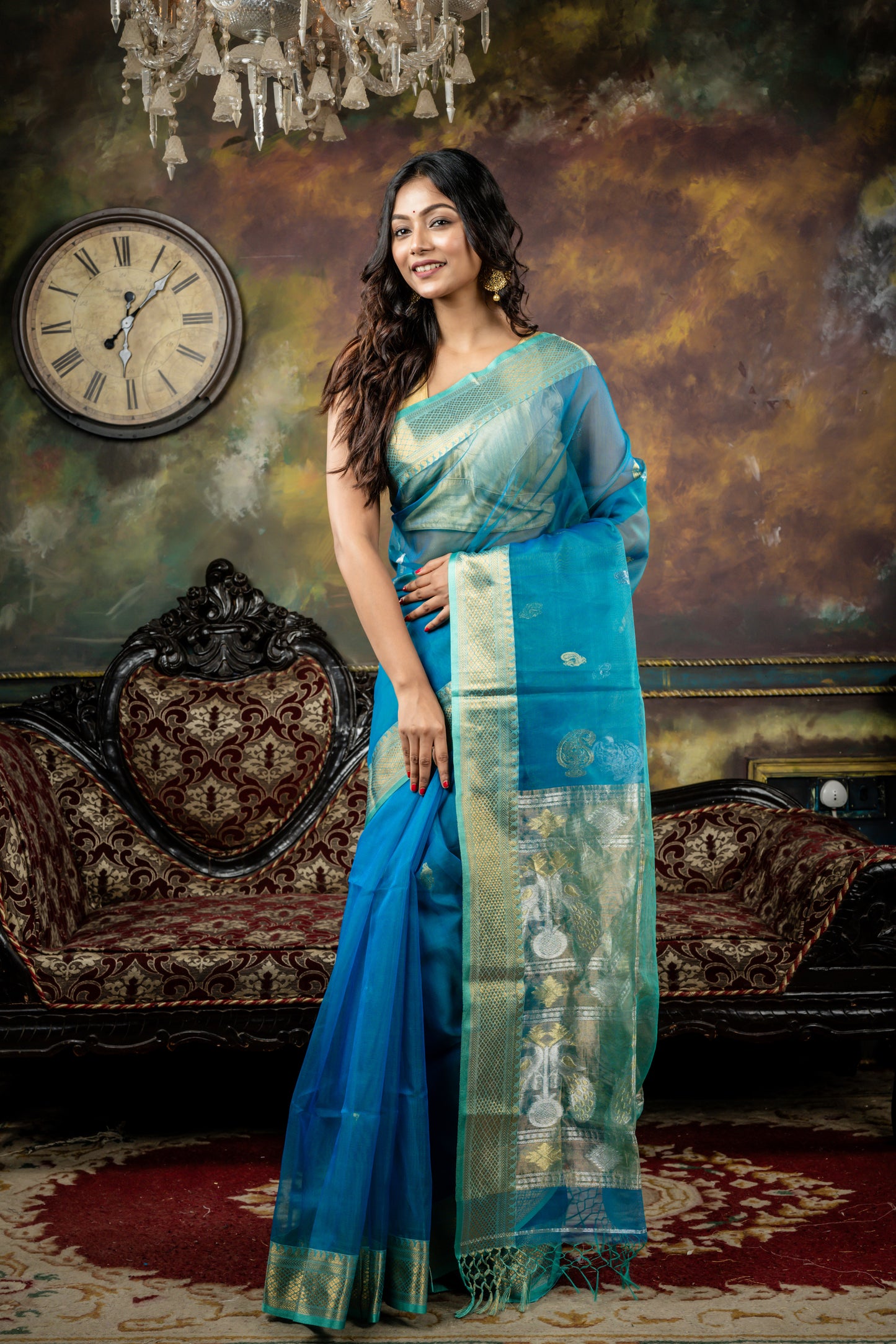 Dark Teal Blue Muslin with Sona Rupa Paithani style Peacock Motif