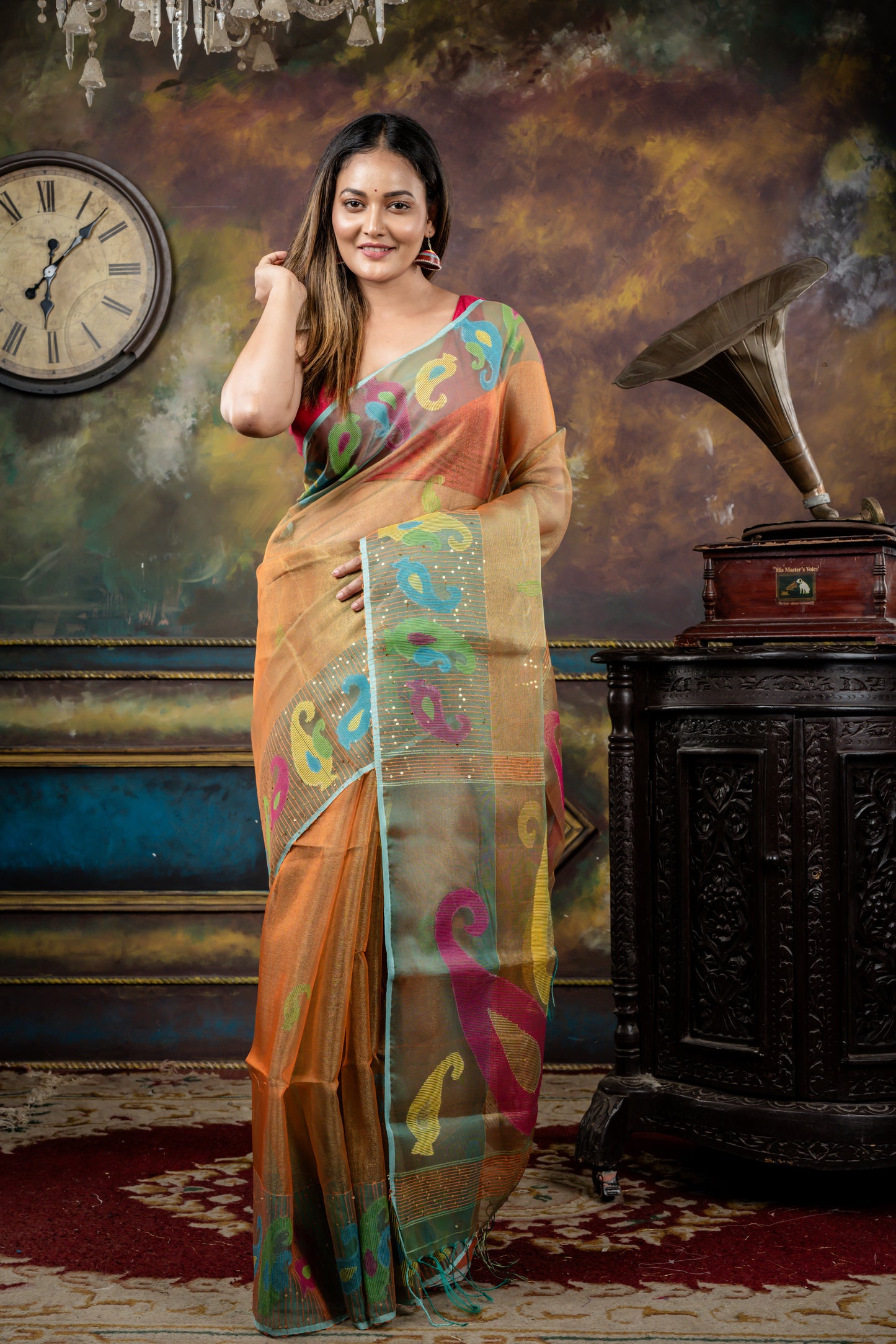 Rust Orange & Gold Dual Tone Premium Muslin with Cyan Blue Sequins & 'Aam Kalka' Border