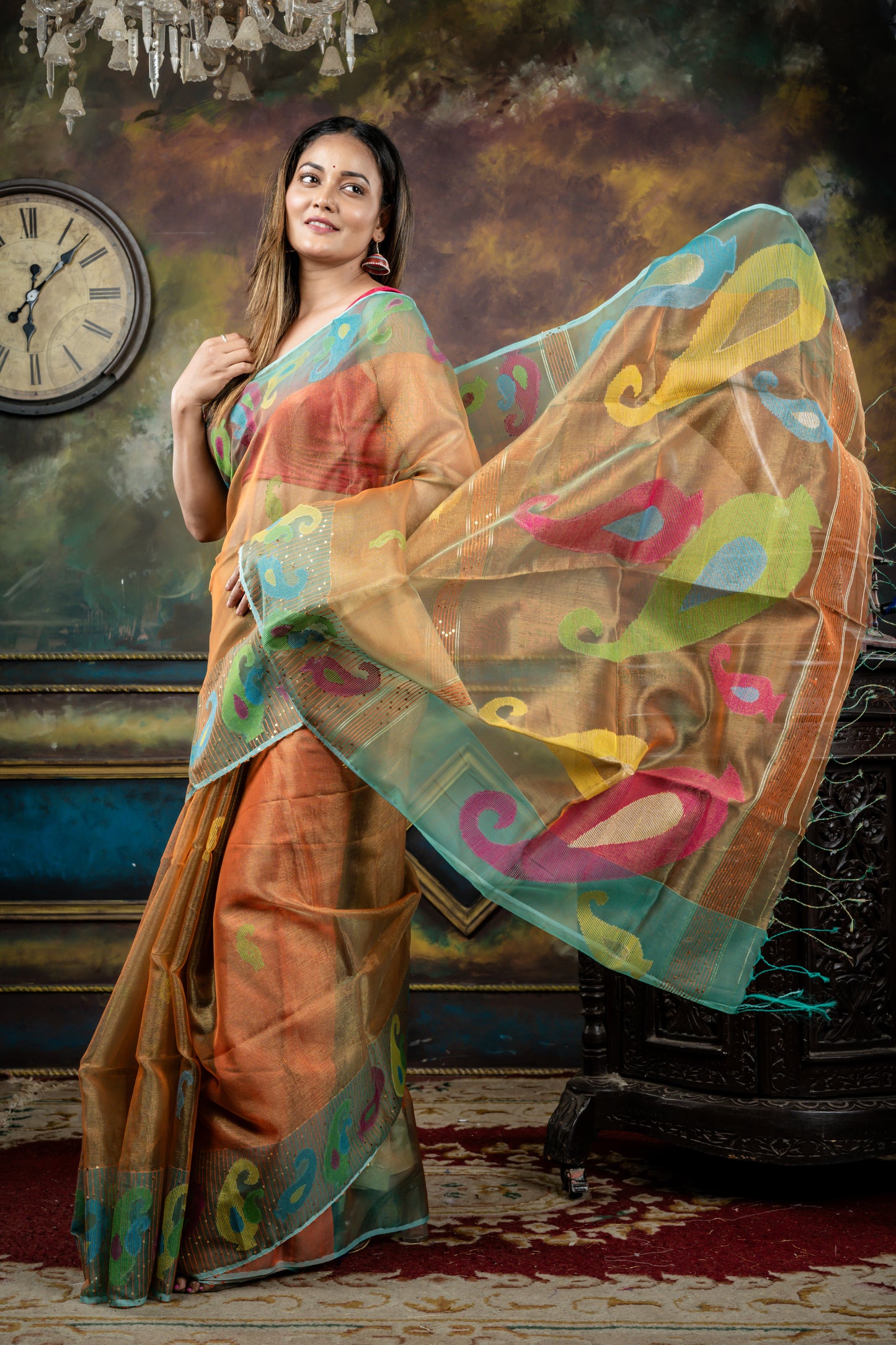 Rust Orange & Gold Dual Tone Premium Muslin with Cyan Blue Sequins & 'Aam Kalka' Border