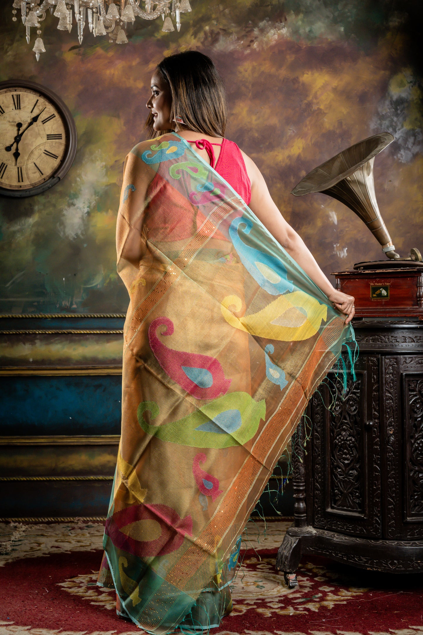 Rust Orange & Gold Dual Tone Premium Muslin with Cyan Blue Sequins & 'Aam Kalka' Border