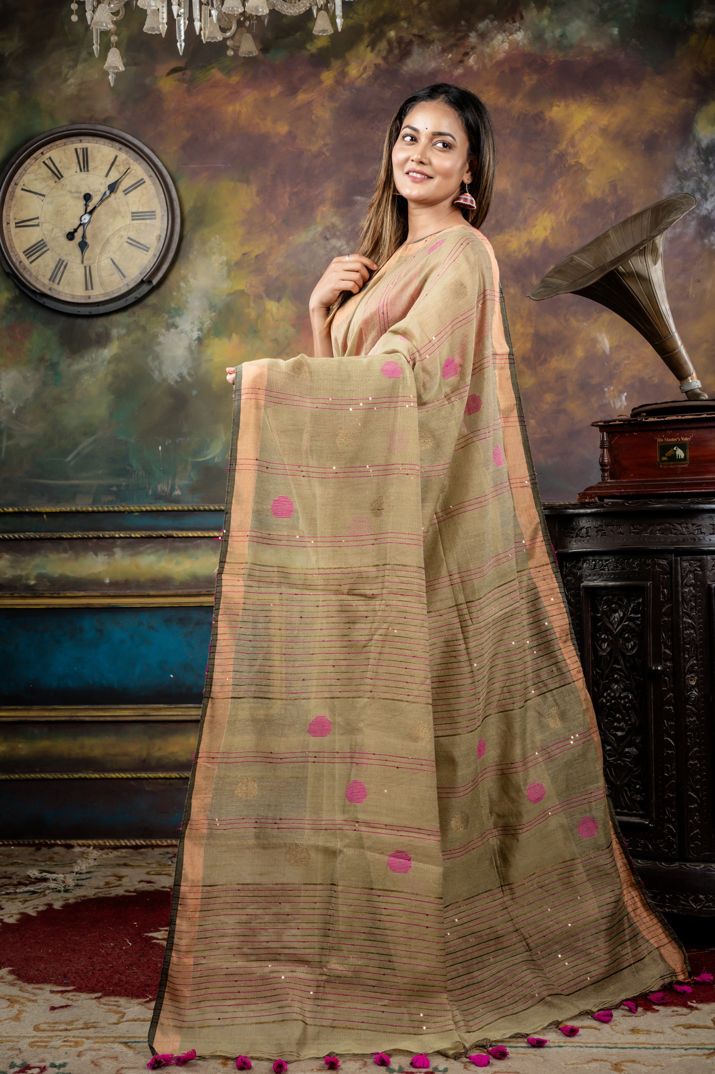 Olive Green and Gold Tissue Linen with Multi-colour Polka Dots and Sequins Stripe Pallu