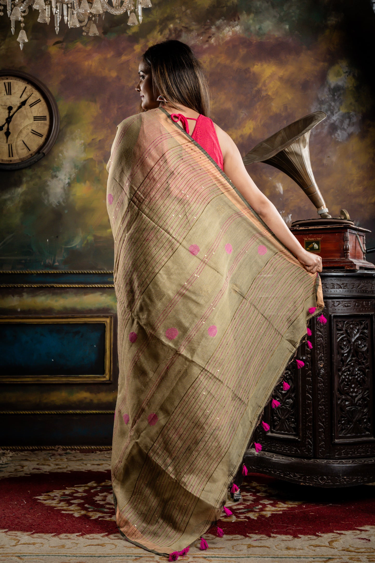 Olive Green and Gold Tissue Linen with Multi-colour Polka Dots and Sequins Stripe Pallu