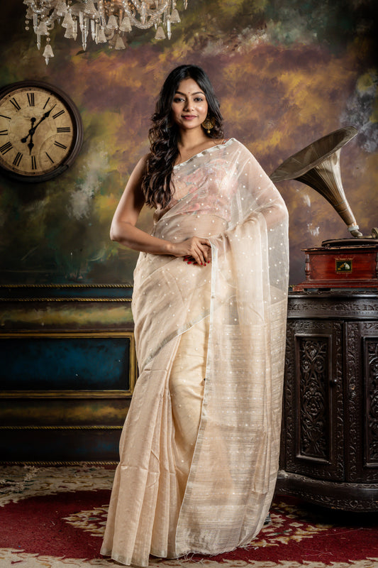 Cream Gold Half Matka Half Muslin with all over Sea Shell