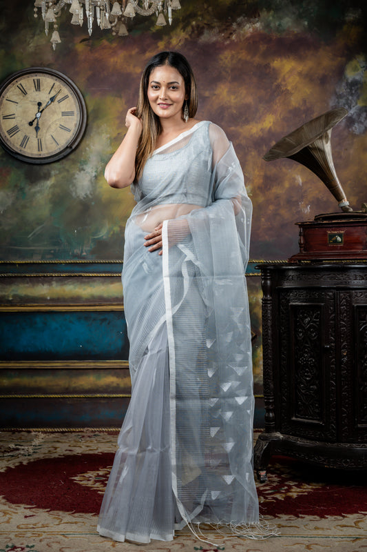 Grey Muslin with Silver Buti, Needlework Border and Temple Pallu