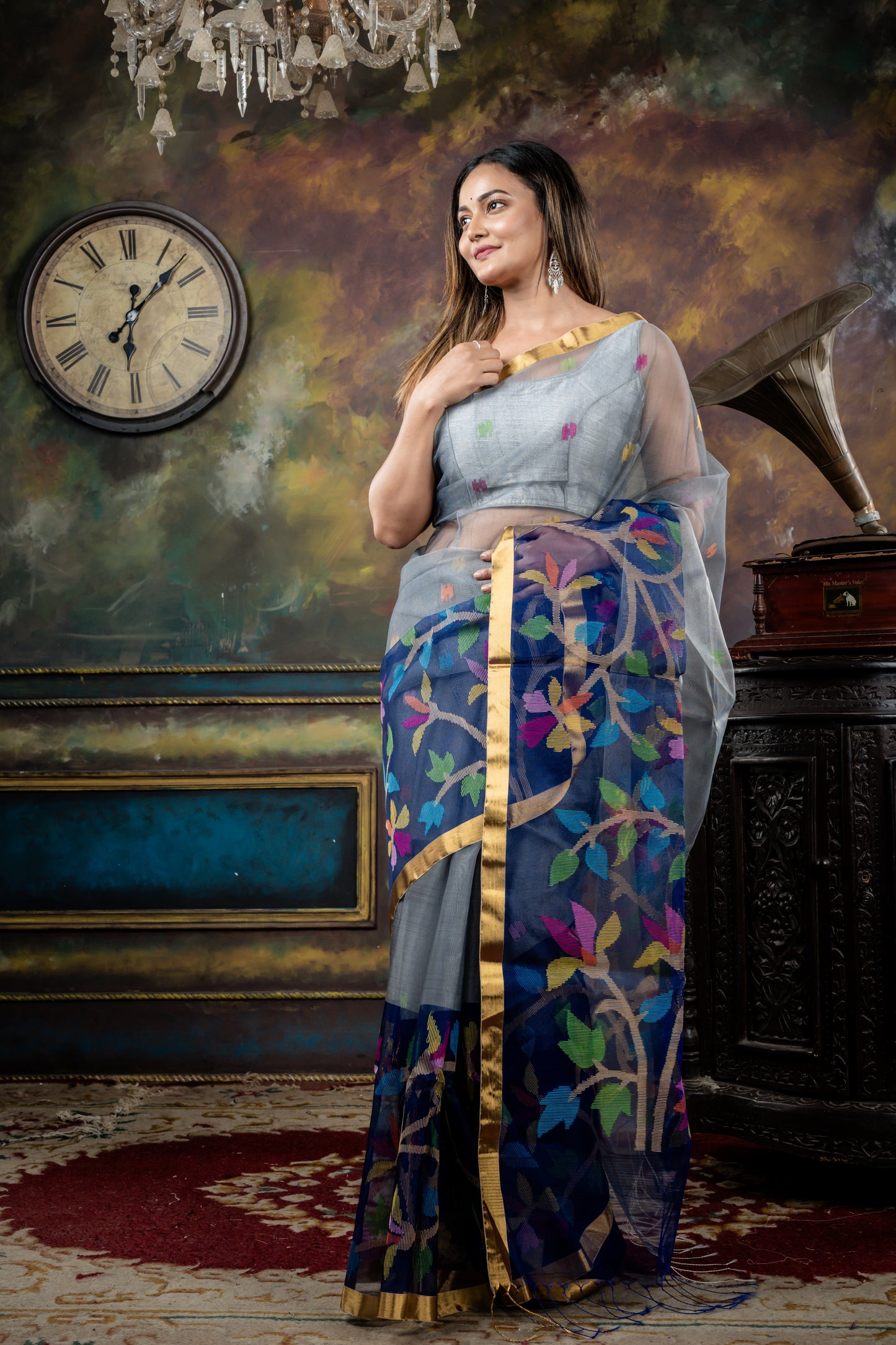 Dark Royal Blue and Grey Premium Muslin with Multi-colour Jamdani Buti, Floral Border and Pallu