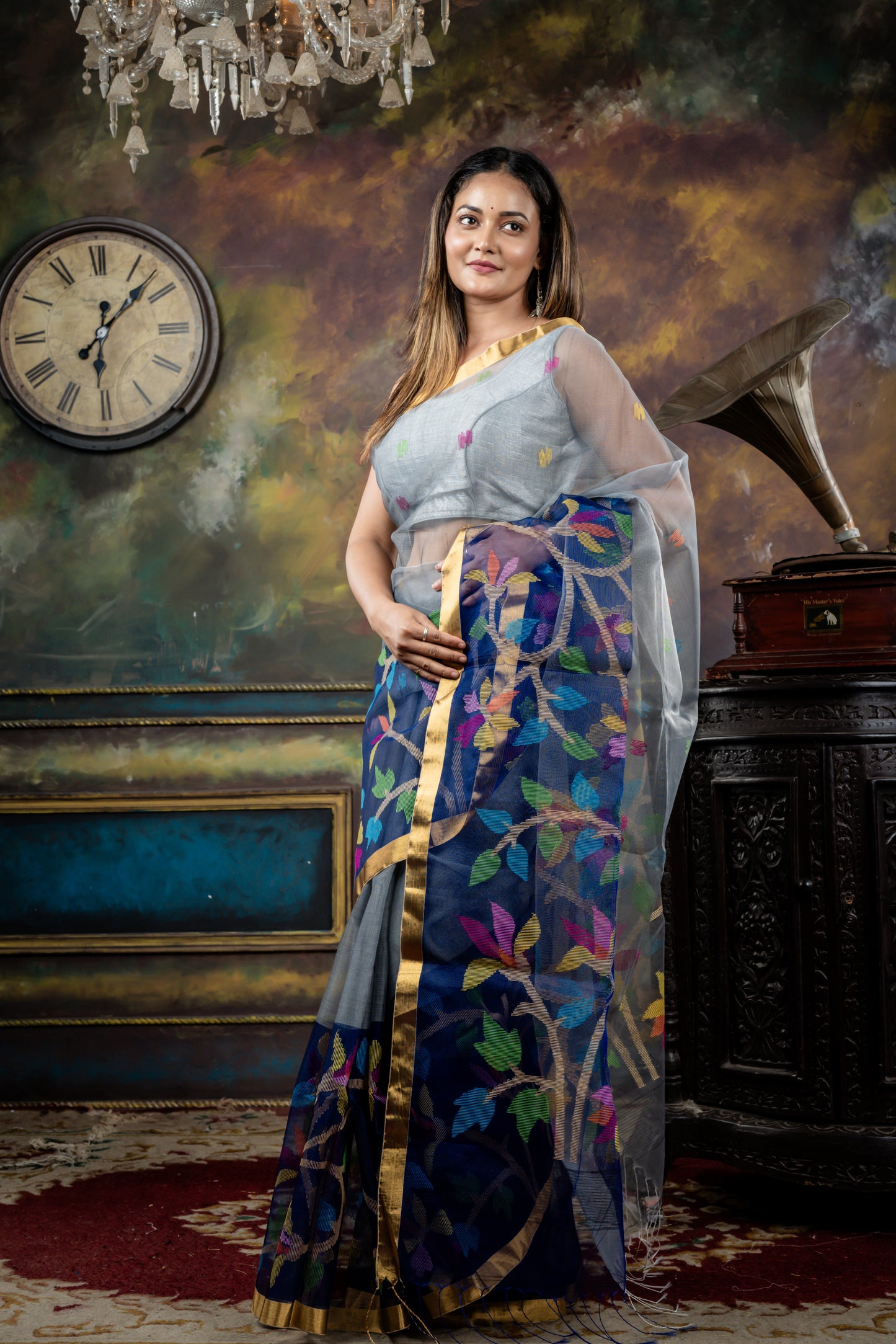 Dark Royal Blue and Grey Premium Muslin with Multi-colour Jamdani Buti, Floral Border and Pallu