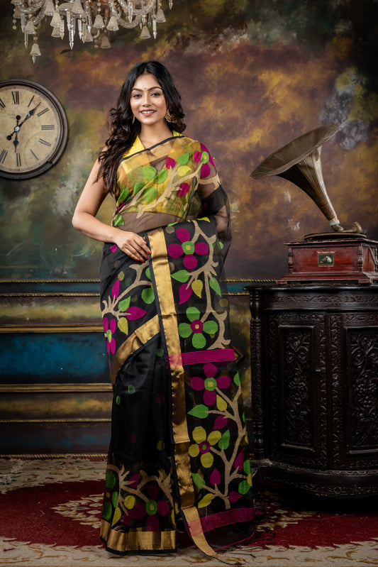 Black Premium Muslin with Multi-colour Polka Dots, Floral Jamdani with Zari Border and Pallu