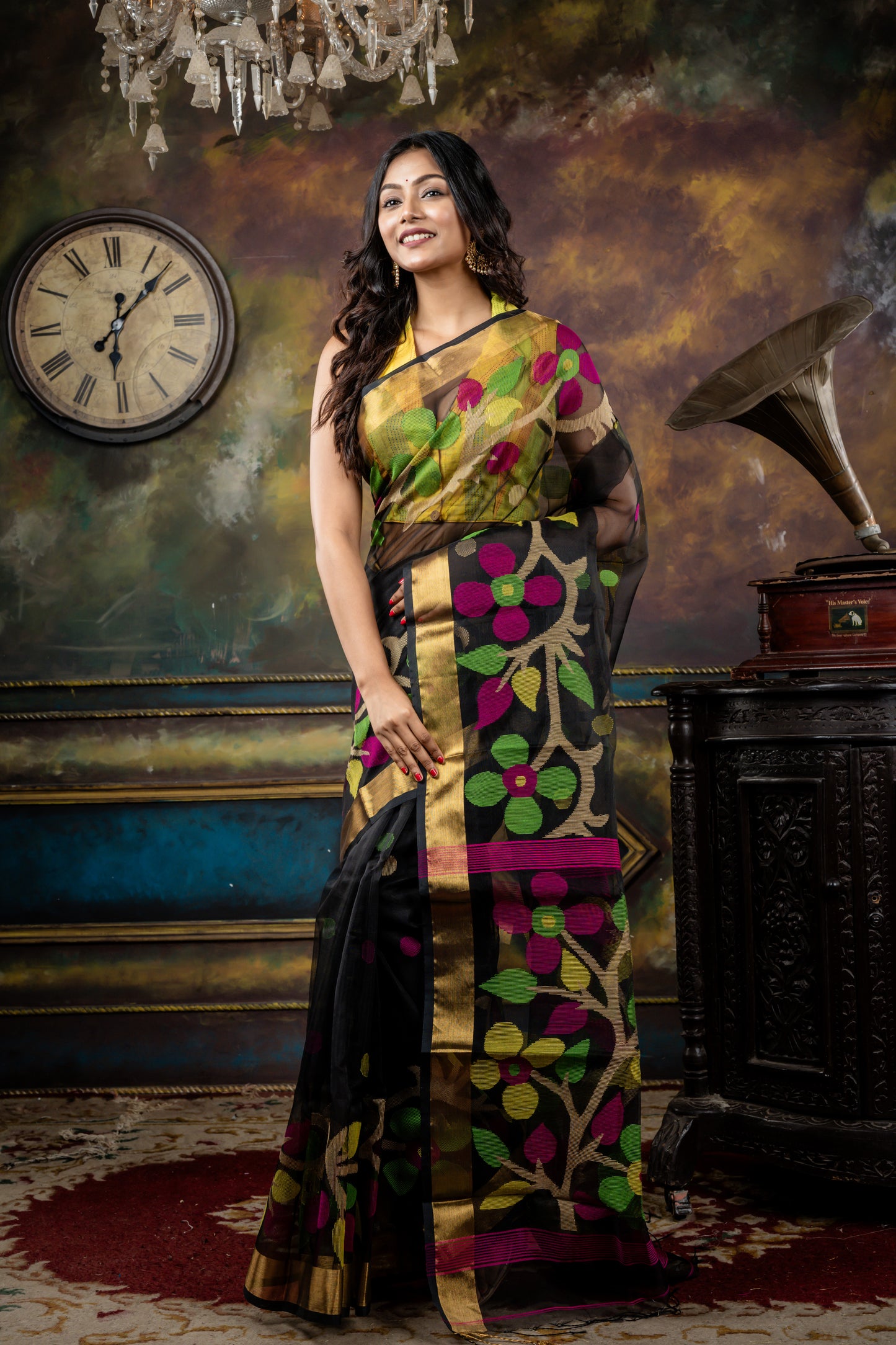 Black Premium Muslin with Multi-colour Polka Dots, Floral Jamdani with Zari Border and Pallu