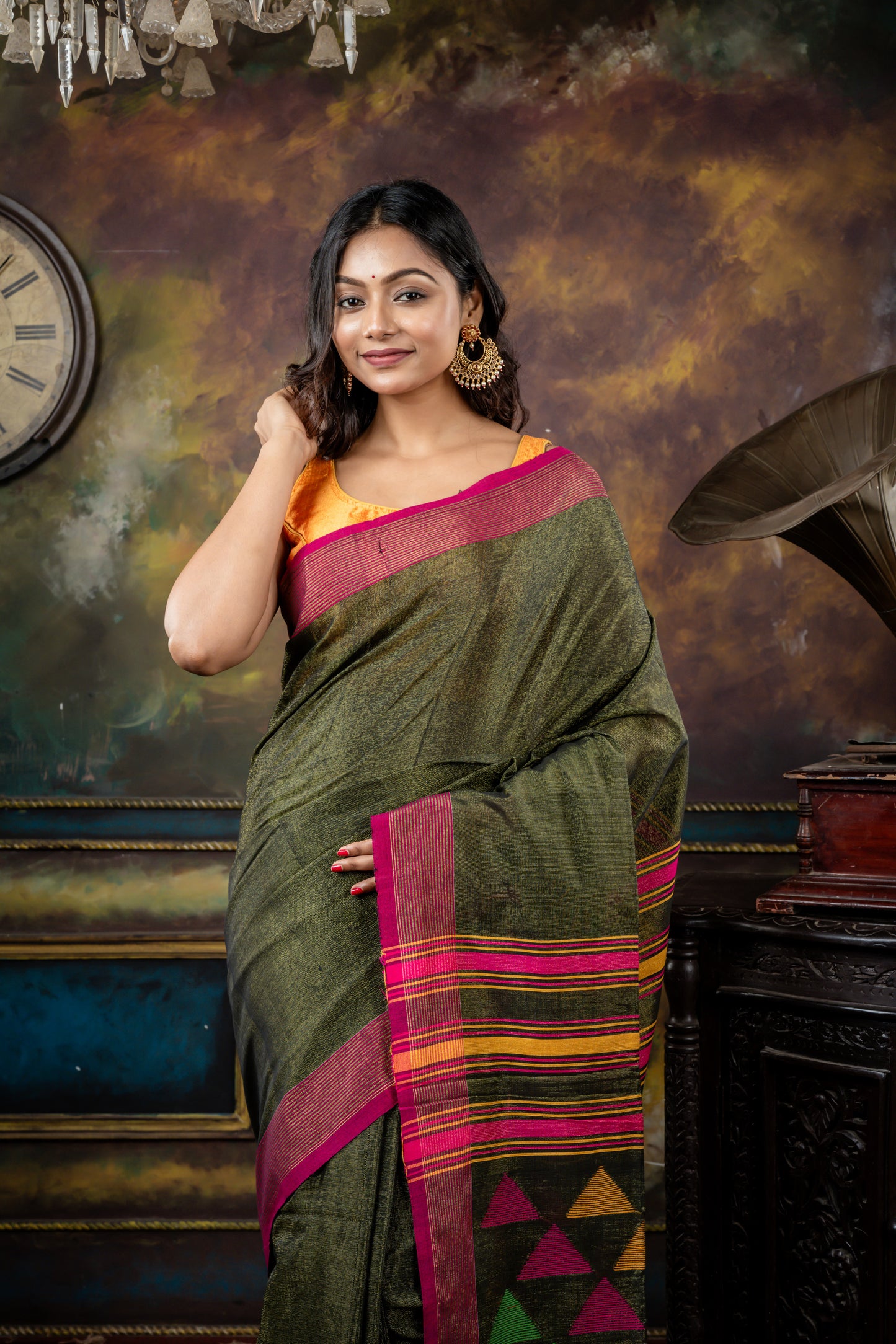 Sap Green and Gold dual tone Tissue Cotton with Multi-colour Temple Pallu