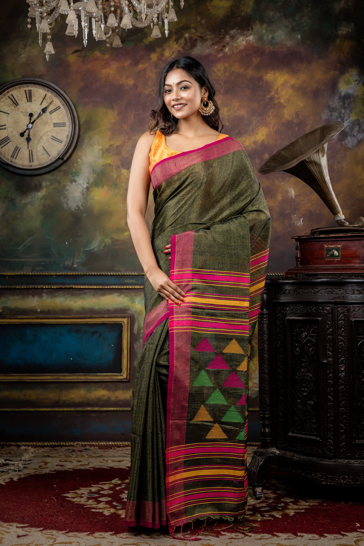 Sap Green and Gold dual tone Tissue Cotton with Multi-colour Temple Pallu