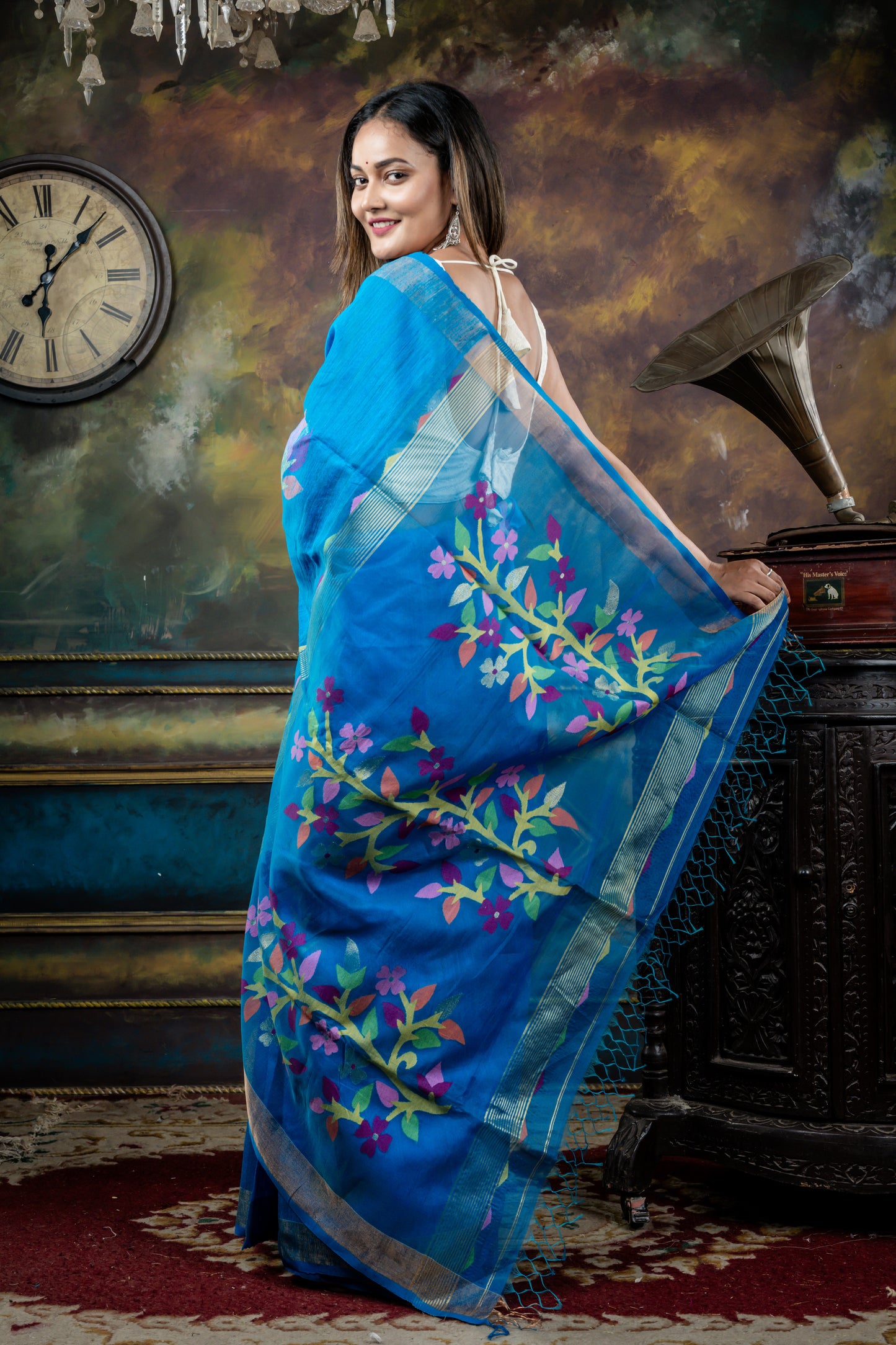 Mediterranean Blue Premium Matka with Multi-colour Floral Jamdani Muslin Pallu