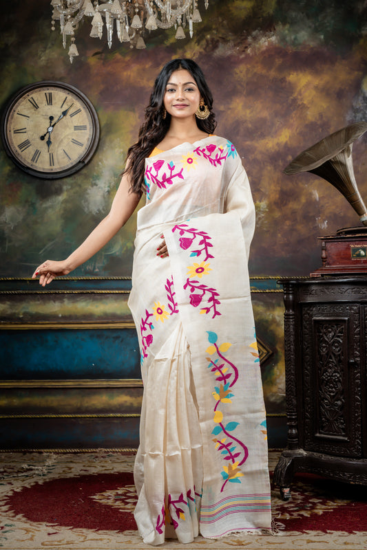 Off-white Pure Tussar with Multi-colour Jamdani Floral  Pallu