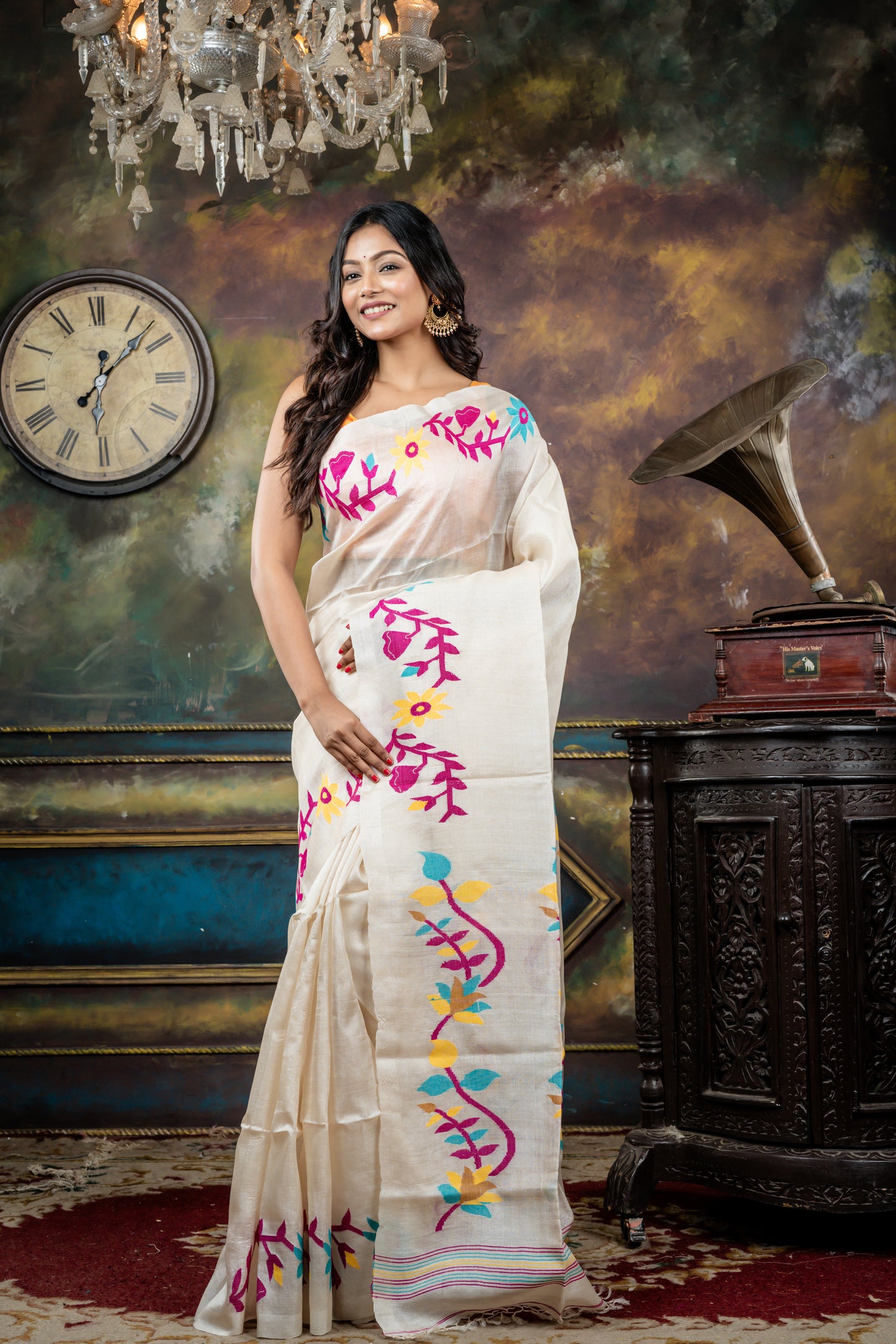 Off-white Pure Tussar with Multi-colour Jamdani Floral  Pallu