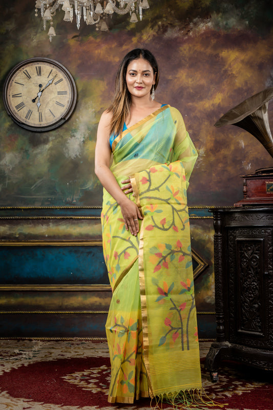 Parrot Green Premium Muslin with Yellow Traditional Jamdani Floral Buti, 'Mahapadh' Border and Pallu