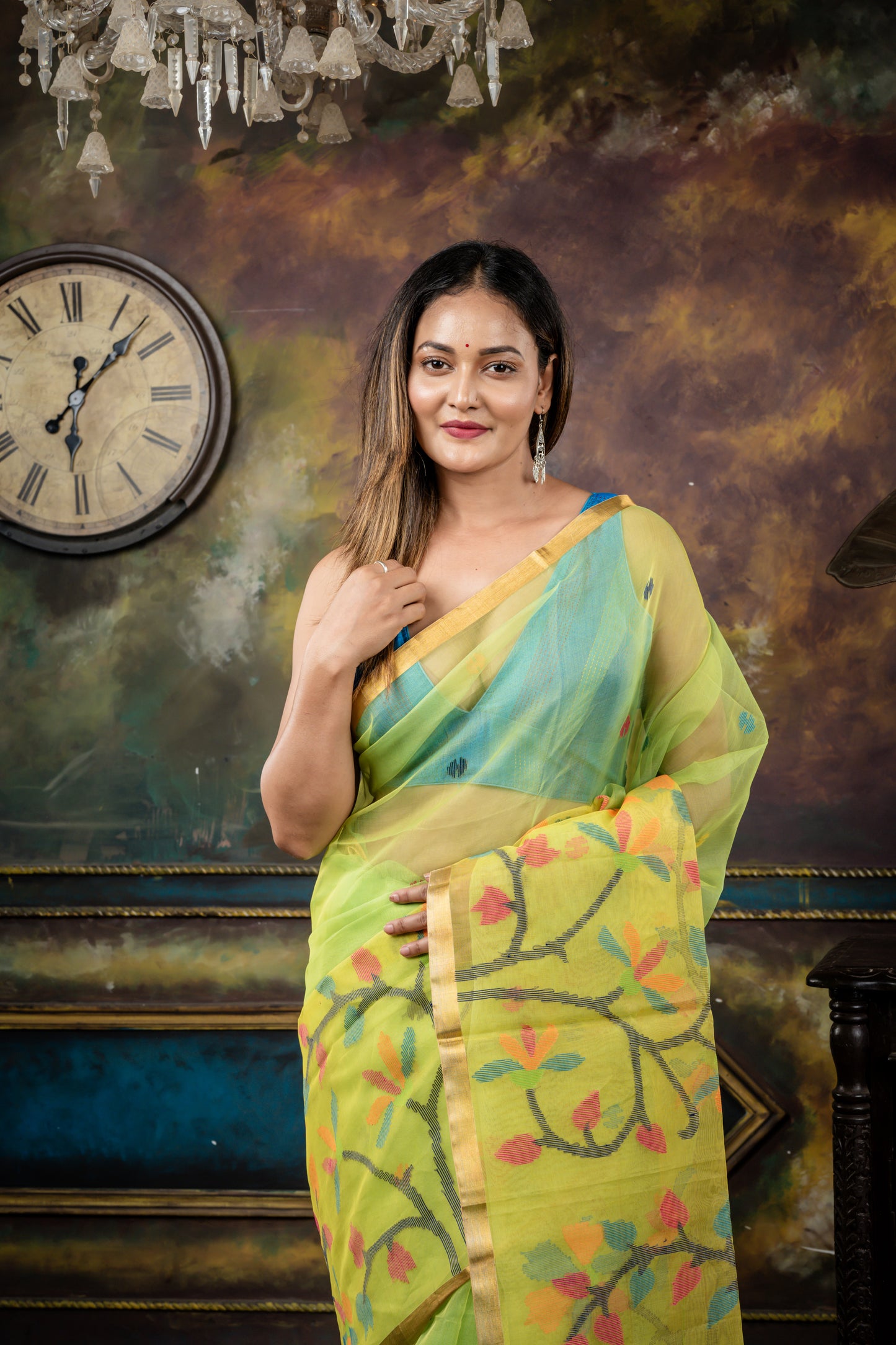 Parrot Green Premium Muslin with Yellow Traditional Jamdani Floral Buti, 'Mahapadh' Border and Pallu