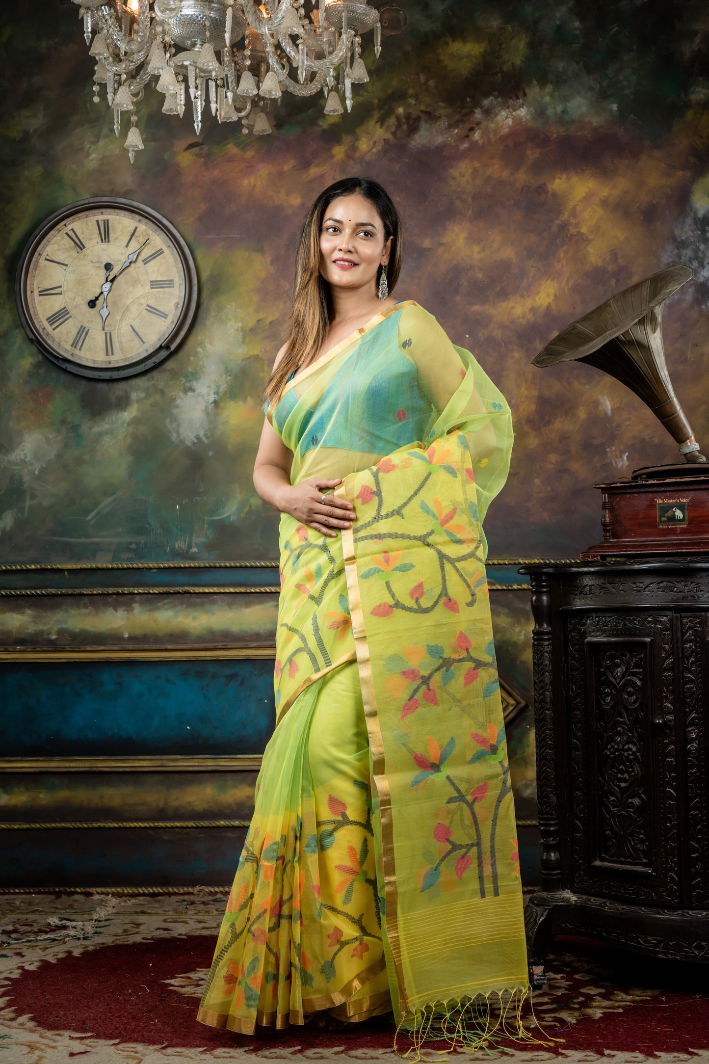 Parrot Green Premium Muslin with Yellow Traditional Jamdani Floral Buti, 'Mahapadh' Border and Pallu