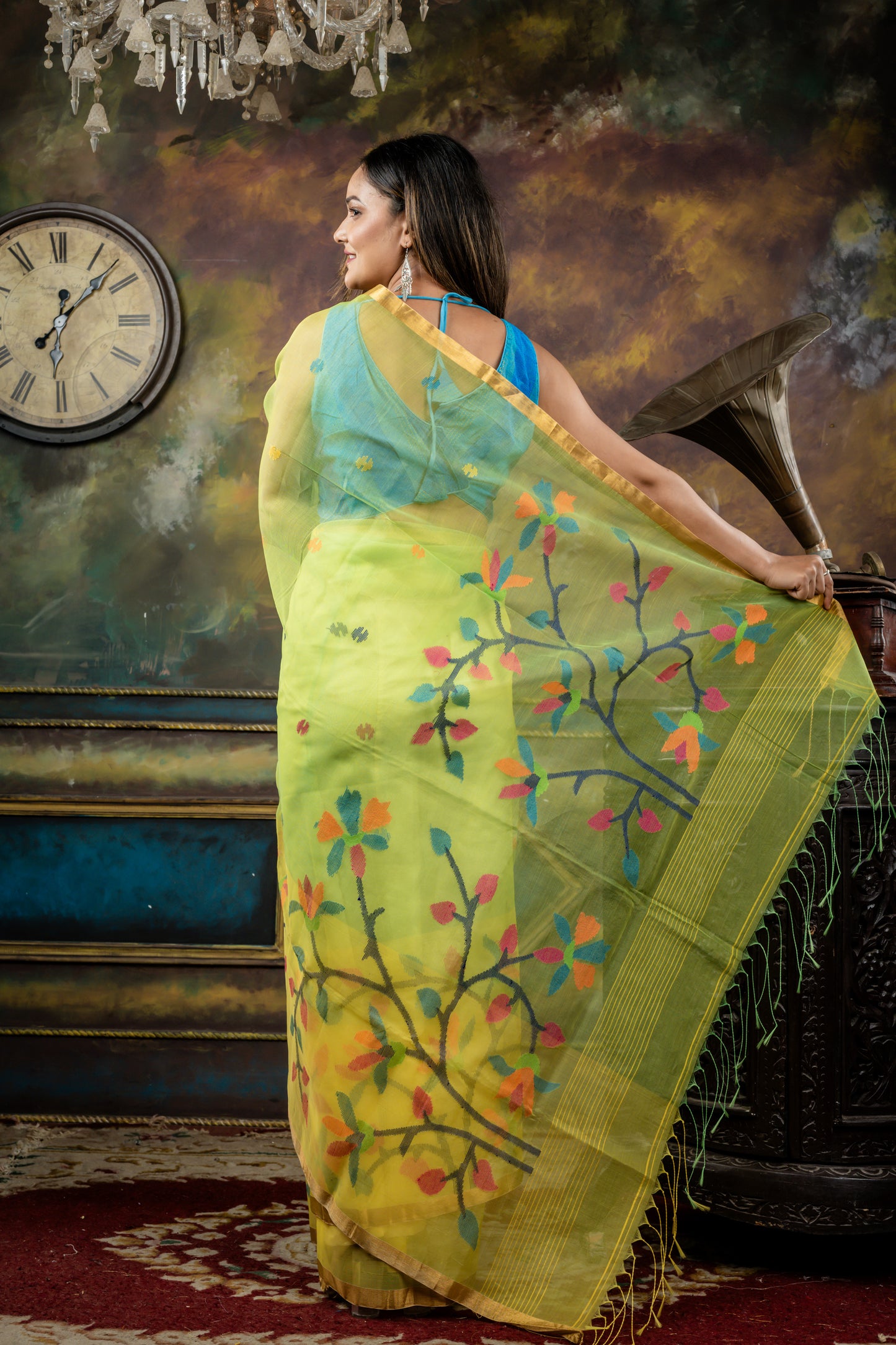 Parrot Green Premium Muslin with Yellow Traditional Jamdani Floral Buti, 'Mahapadh' Border and Pallu