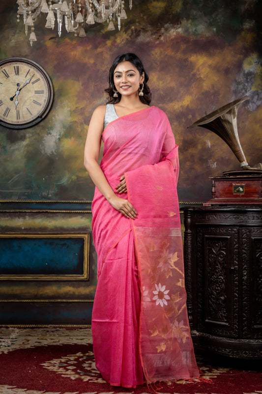 Baby Pink Silk Linen with Antique Gold and Silver Floral Pallu