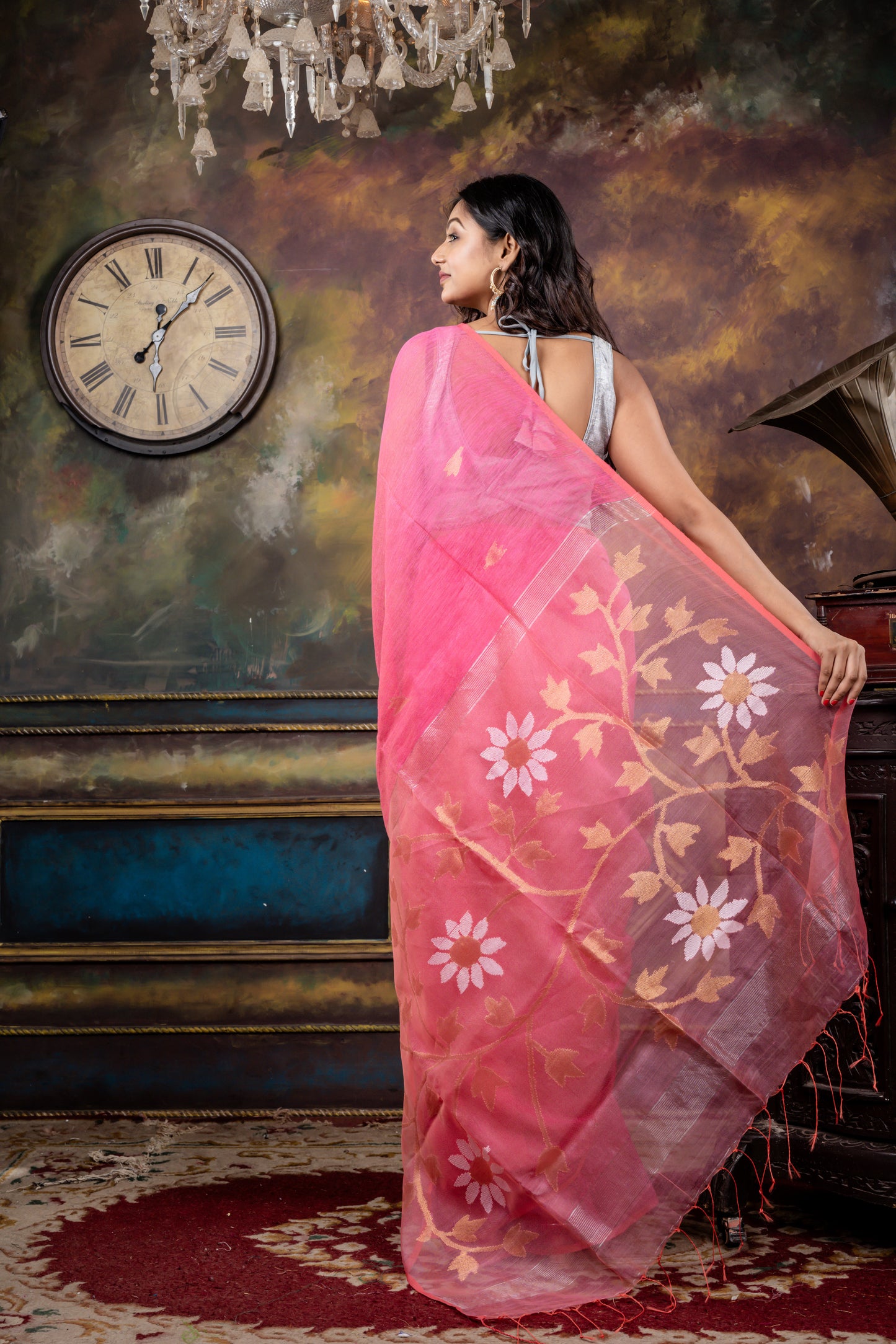 Baby Pink Silk Linen with Antique Gold and Silver Floral Pallu