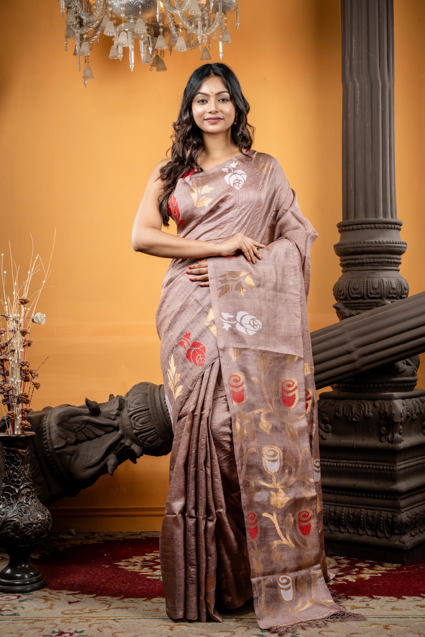 Rosy Brown Pure Tussar with Red & White Rose motif Border & Pallu