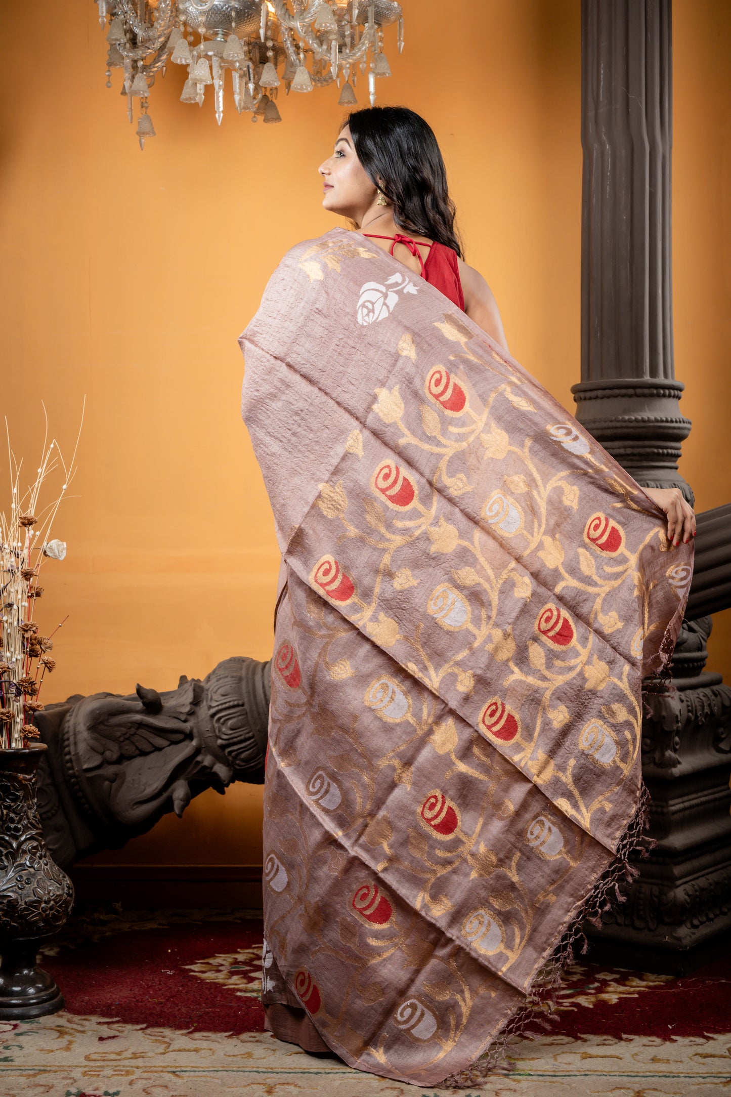 Rosy Brown Pure Tussar with Red & White Rose motif Border & Pallu