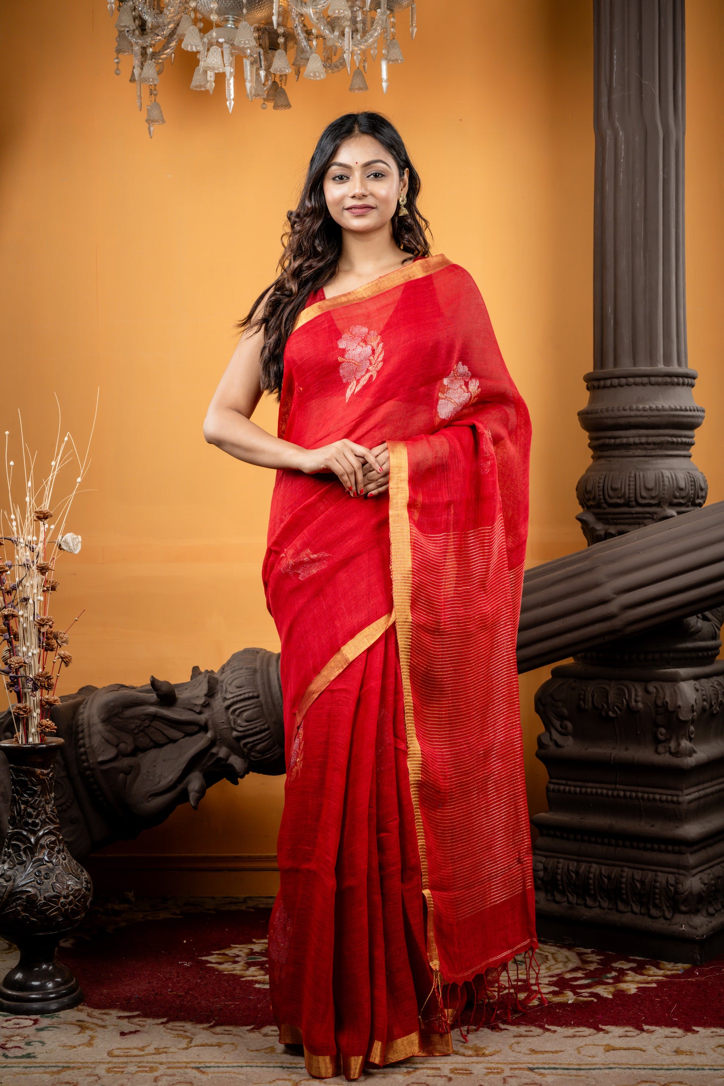 Bright Red Linen with all over Sona Rupa Hibiscus Motif, Zari Border and Stripe Pallu